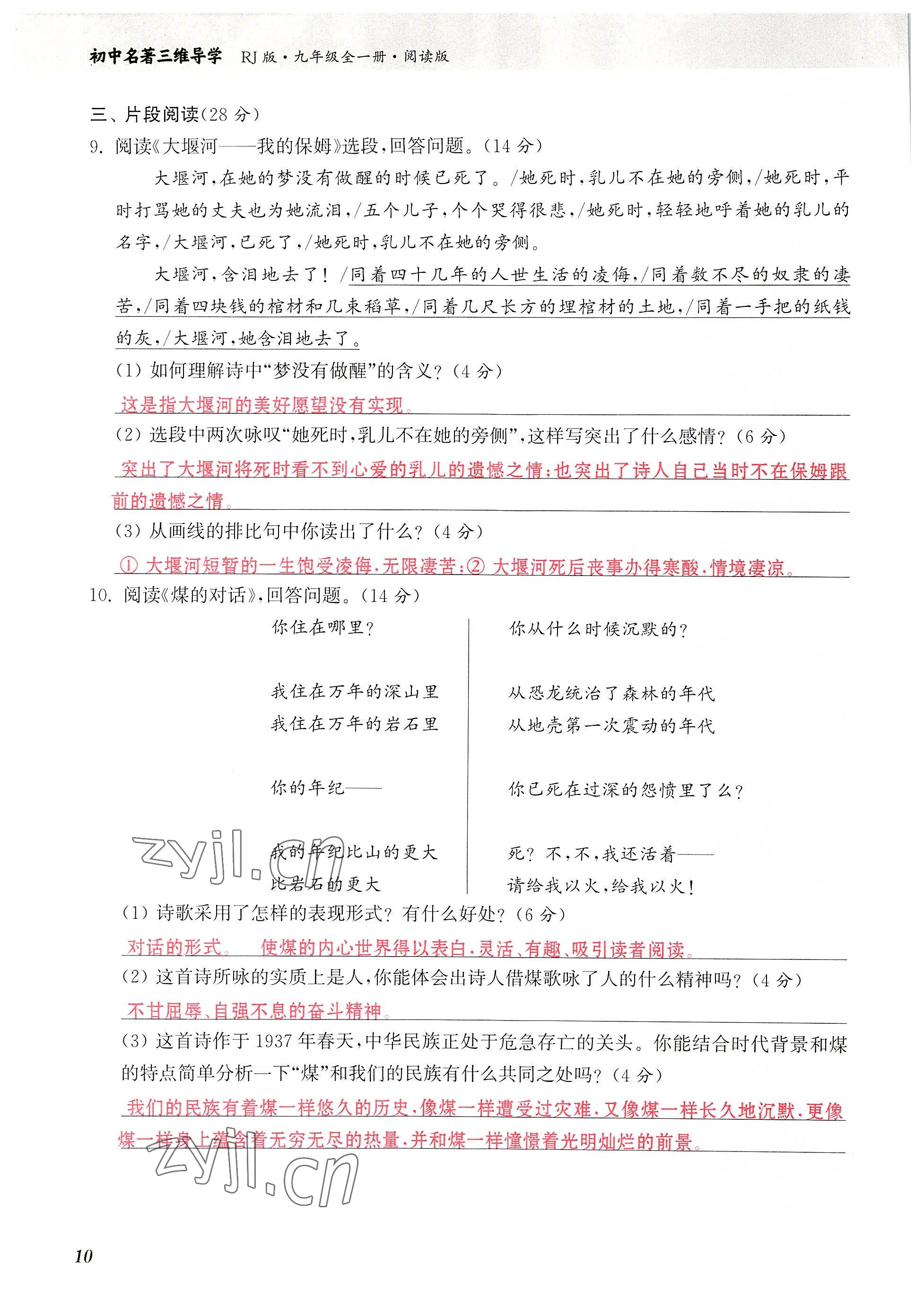 2022年初中名著三維導(dǎo)學(xué)九年級語文全一冊人教版 參考答案第10頁