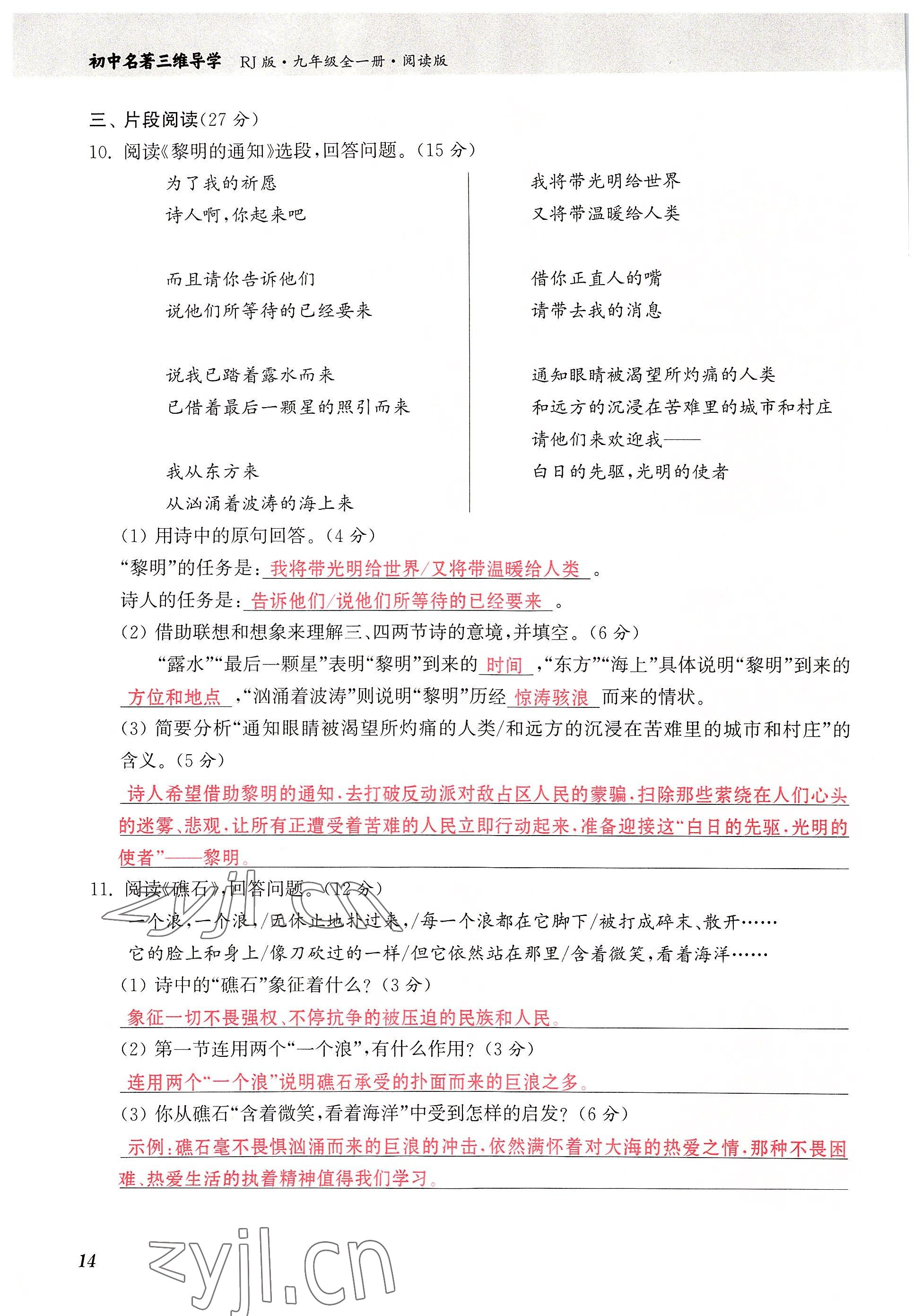 2022年初中名著三維導(dǎo)學(xué)九年級語文全一冊人教版 參考答案第14頁