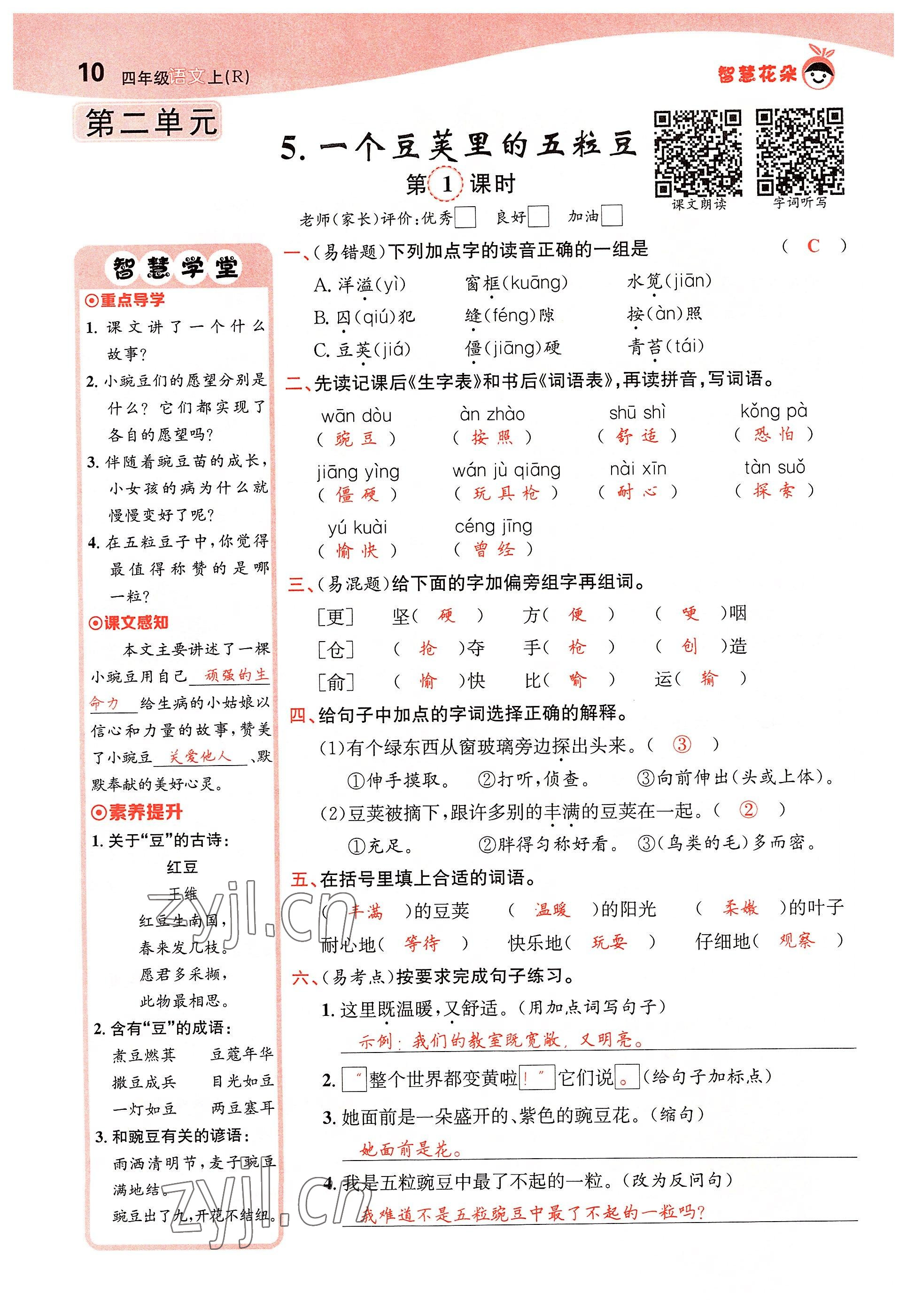 2022年智慧花朵四年級(jí)語文上冊(cè)人教版 參考答案第24頁