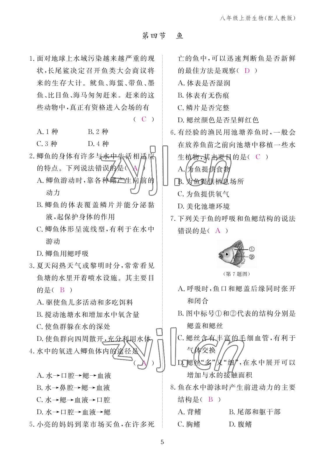 2022年作業(yè)本江西教育出版社八年級生物上冊人教版 參考答案第5頁