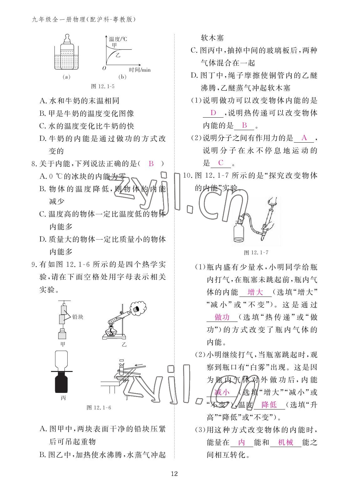 2022年作业本江西教育出版社九年级物理全一册沪粤版 参考答案第12页