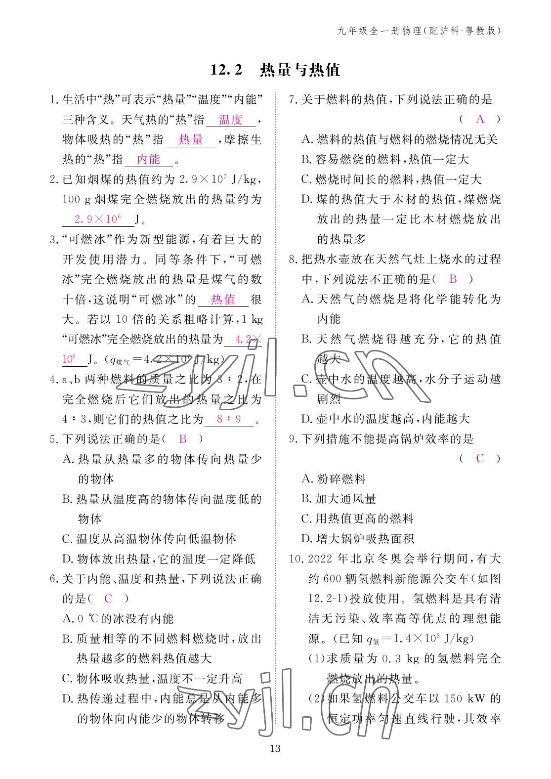 2022年作业本江西教育出版社九年级物理全一册沪粤版 参考答案第13页