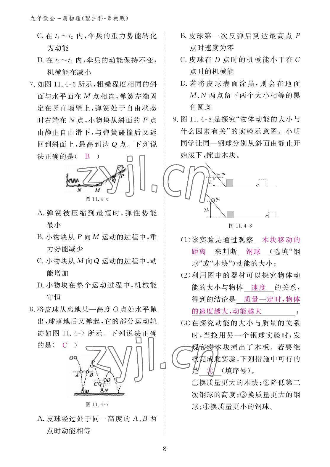 2022年作业本江西教育出版社九年级物理全一册沪粤版 参考答案第8页