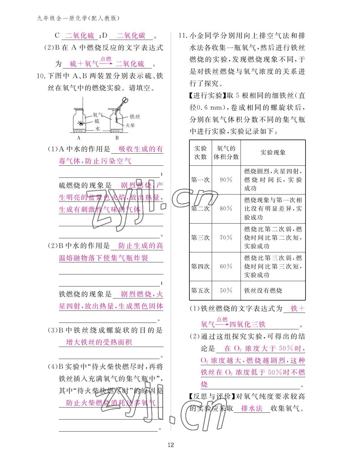 2022年作业本江西教育出版社九年级化学全一册人教版 参考答案第12页