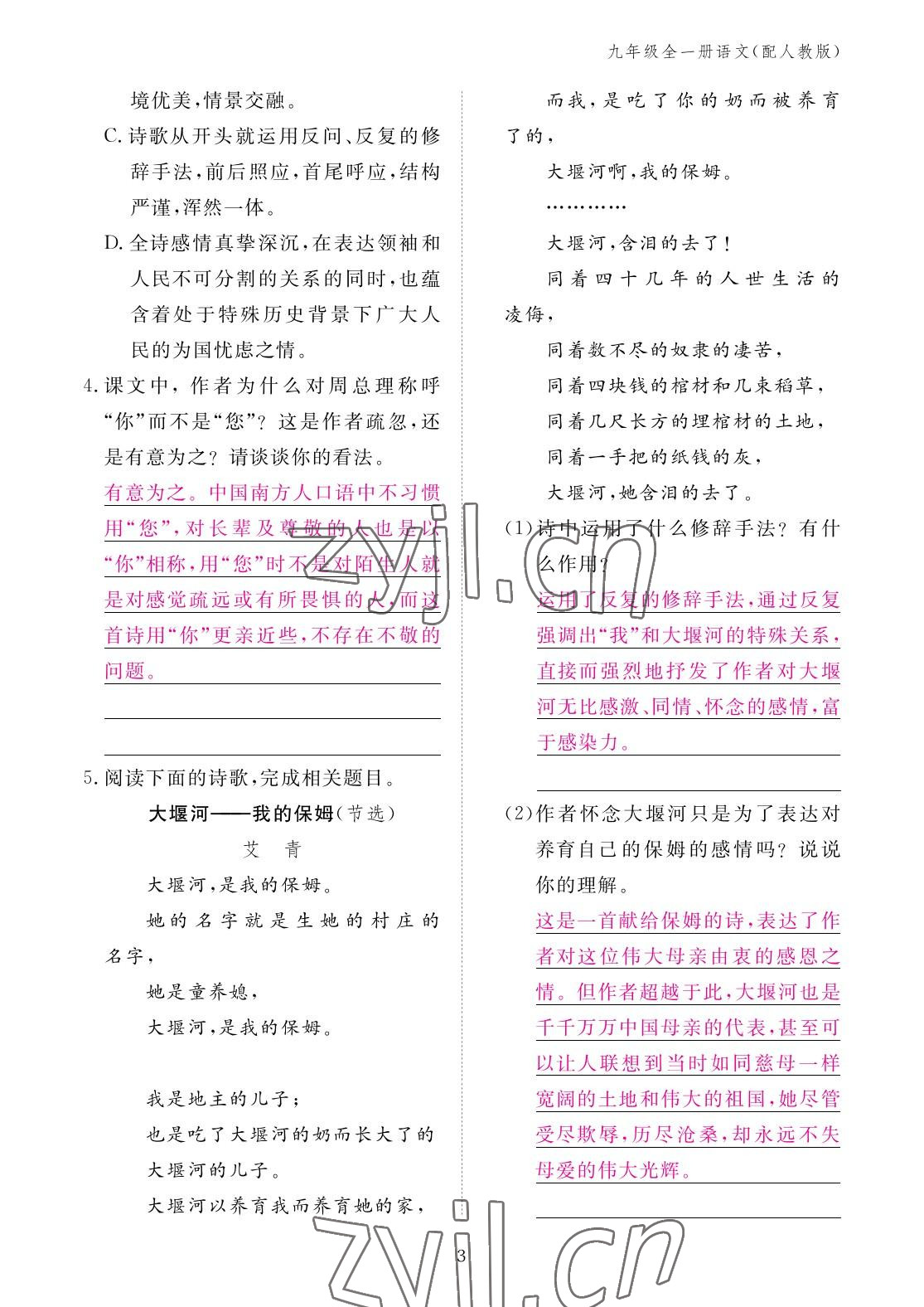 2022年作業(yè)本江西教育出版社九年級語文全一冊人教版 參考答案第3頁