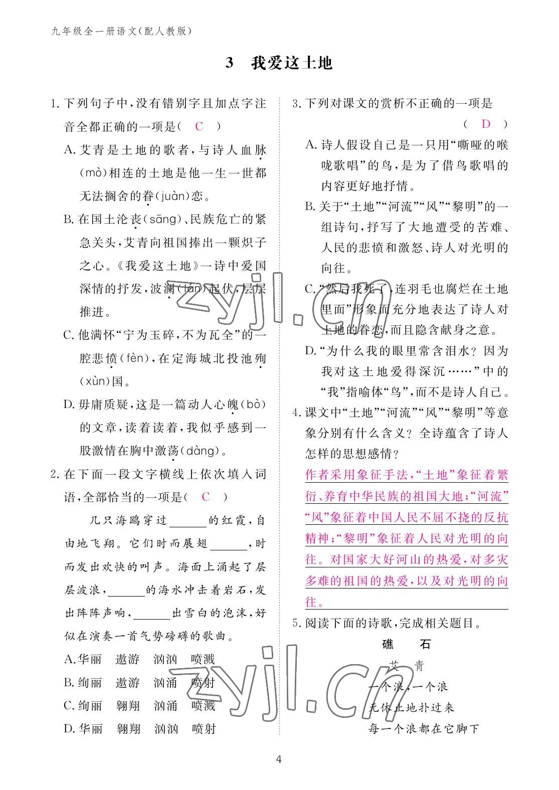 2022年作業(yè)本江西教育出版社九年級語文全一冊人教版 參考答案第4頁