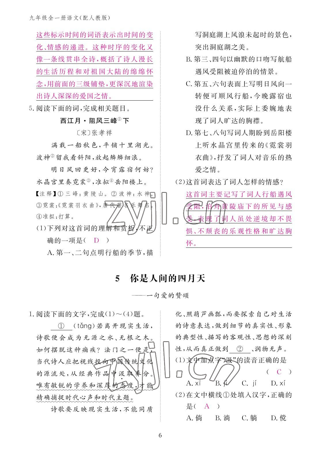 2022年作業(yè)本江西教育出版社九年級(jí)語(yǔ)文全一冊(cè)人教版 參考答案第6頁(yè)