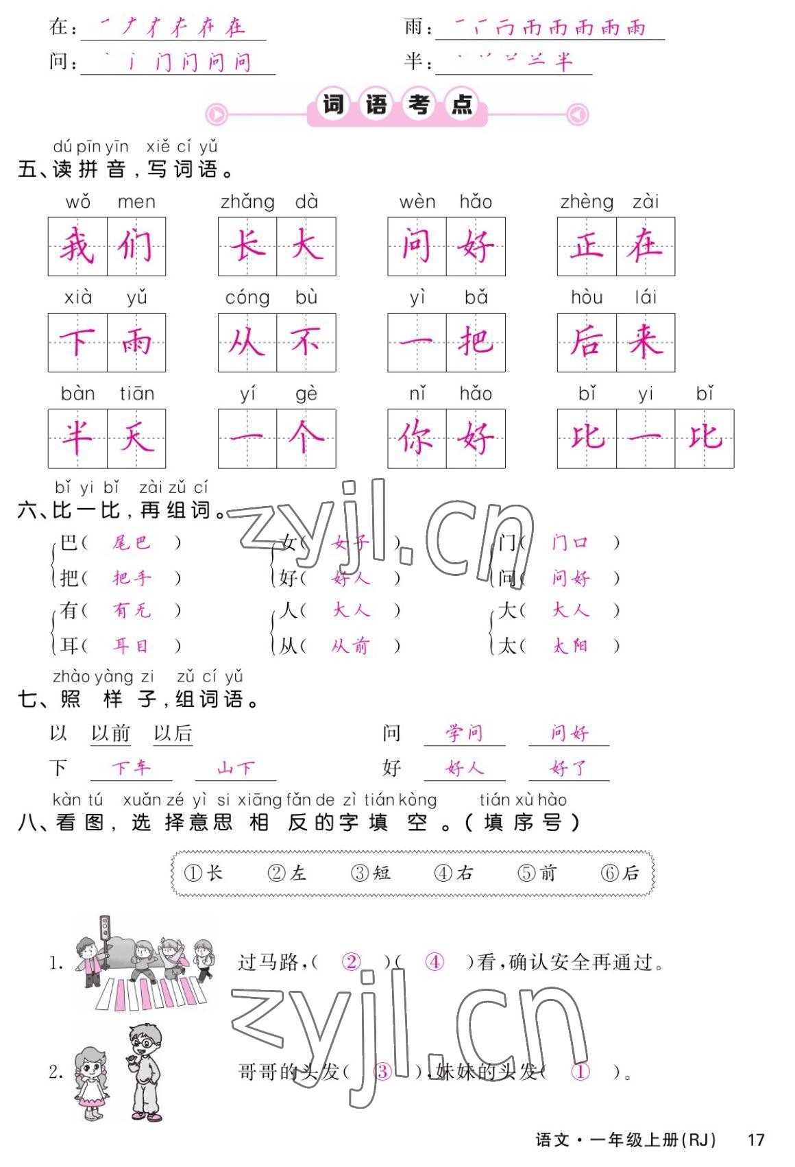 2022年课堂点睛一年级语文上册人教版湖南专版 参考答案第17页