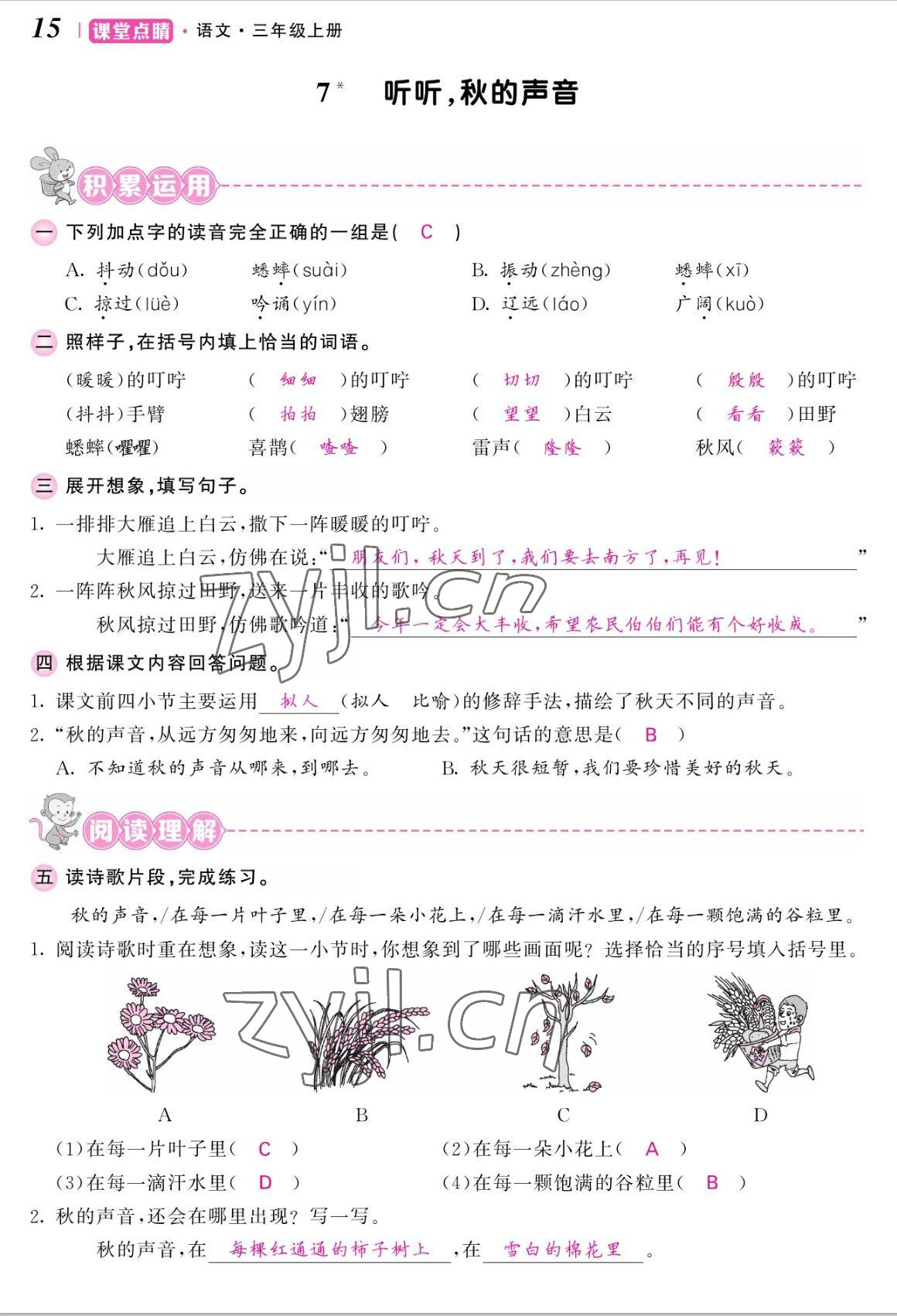 2022年課堂點(diǎn)睛三年級(jí)語(yǔ)文上冊(cè)人教版湖南專(zhuān)版 參考答案第31頁(yè)