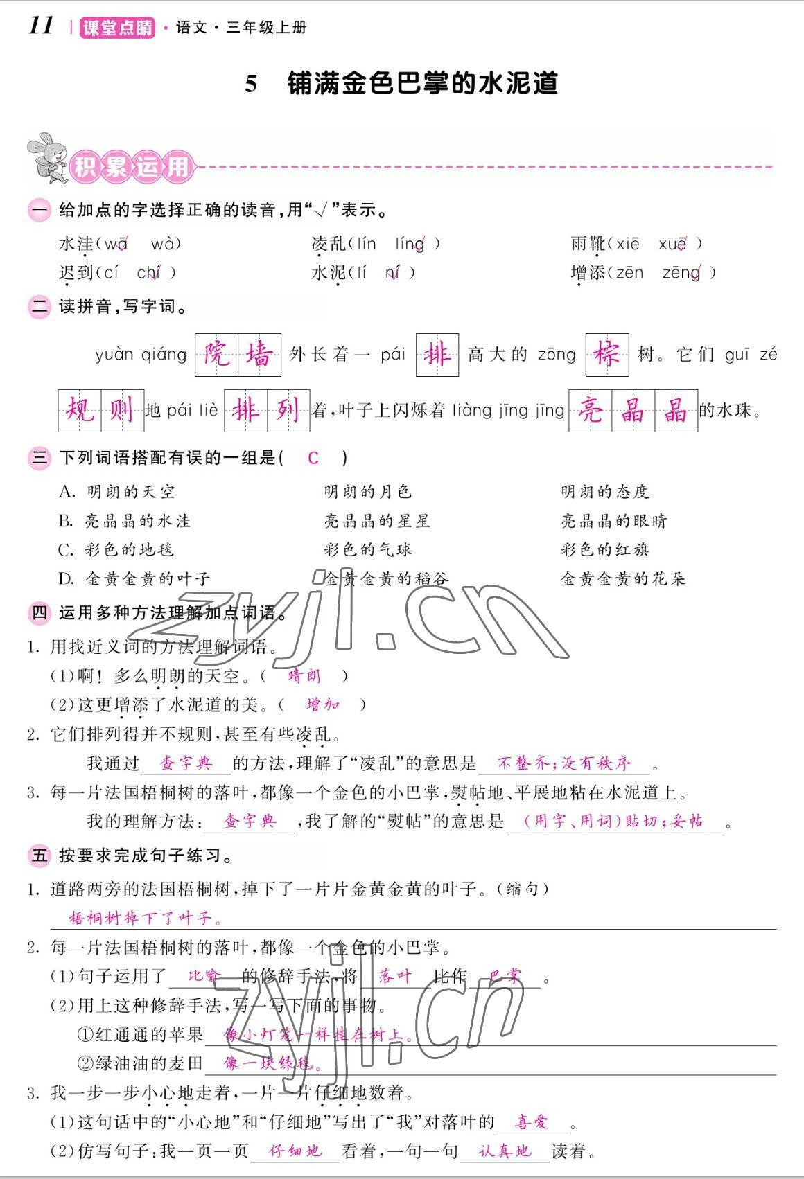 2022年課堂點(diǎn)睛三年級語文上冊人教版湖南專版 參考答案第23頁