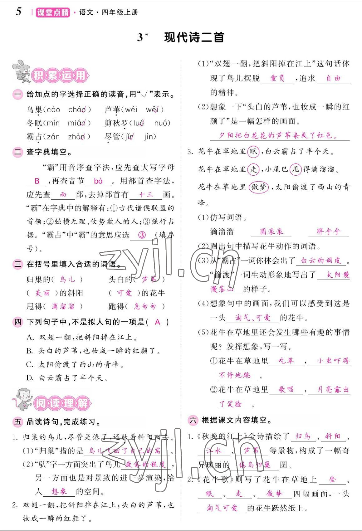 2022年課堂點(diǎn)睛四年級語文上冊人教版湖南專版 參考答案第11頁