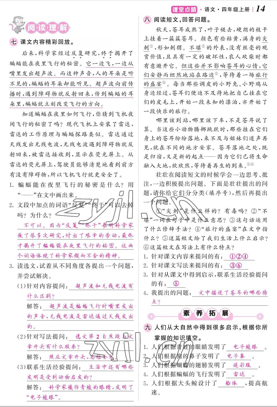 2022年課堂點睛四年級語文上冊人教版湖南專版 參考答案第29頁