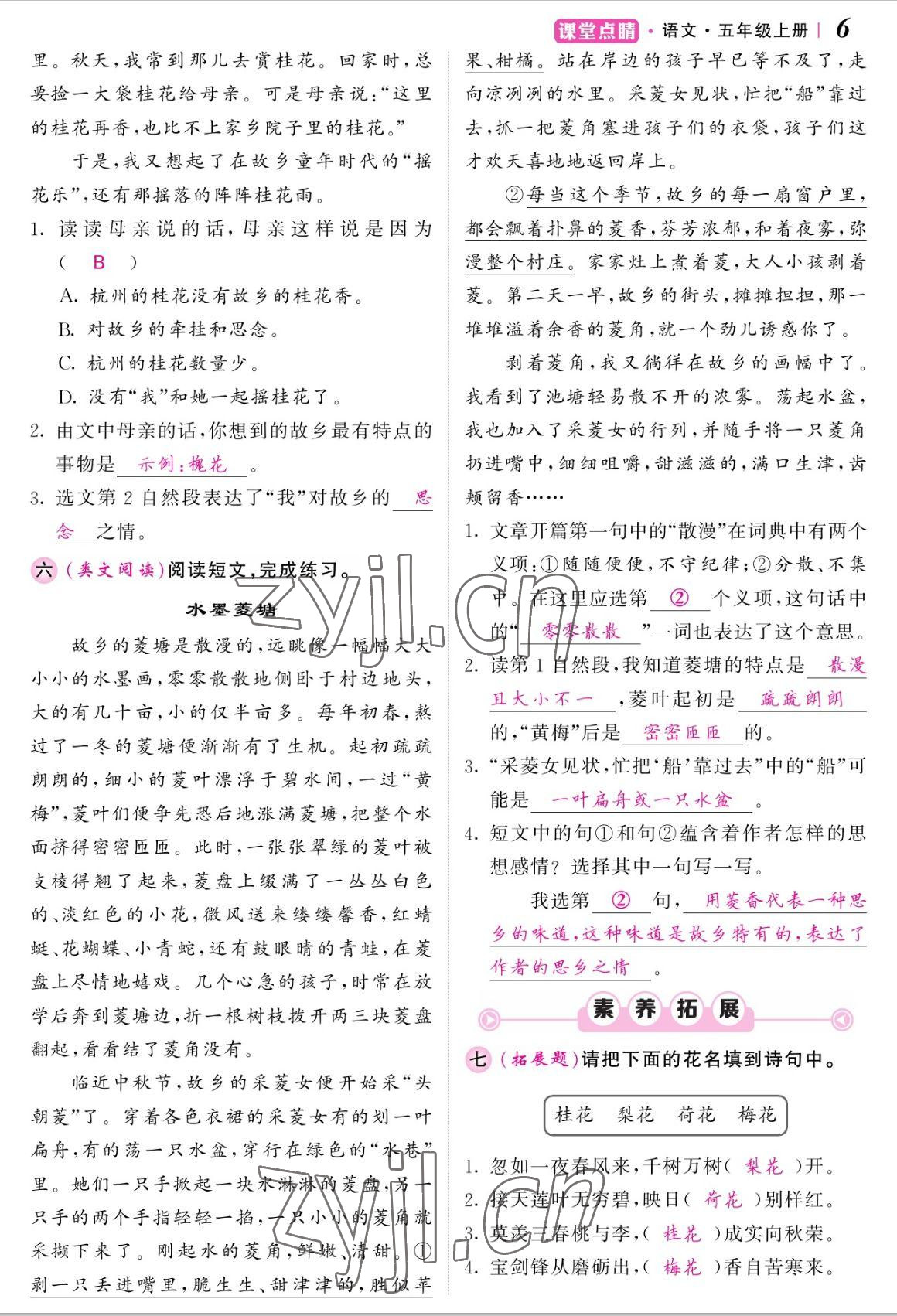 2022年課堂點睛五年級語文上冊人教版湖南專版 參考答案第13頁