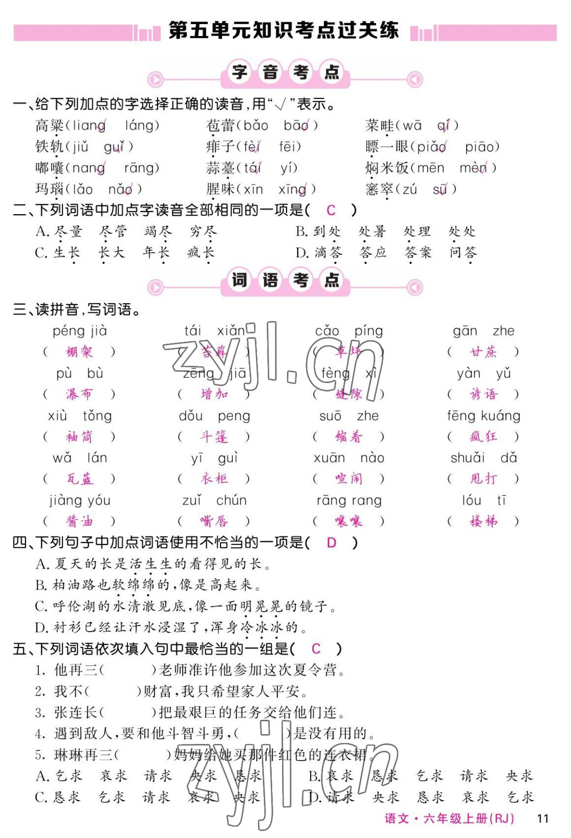 2022年课堂点睛六年级语文上册人教版湖南专版 参考答案第11页