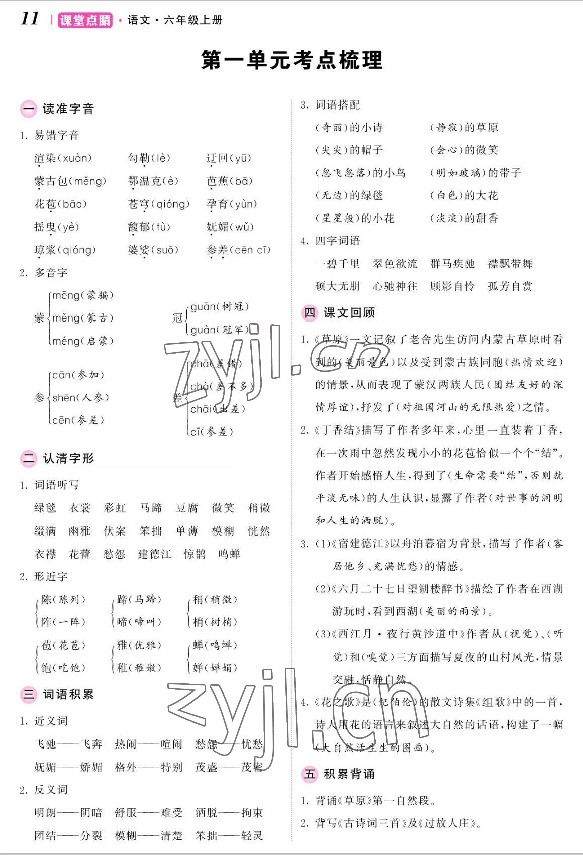 2022年课堂点睛六年级语文上册人教版湖南专版 参考答案第11页