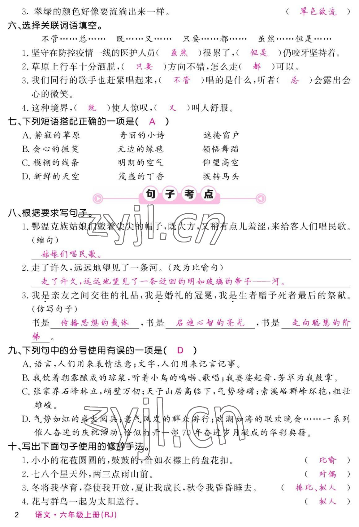 2022年课堂点睛六年级语文上册人教版湖南专版 参考答案第2页