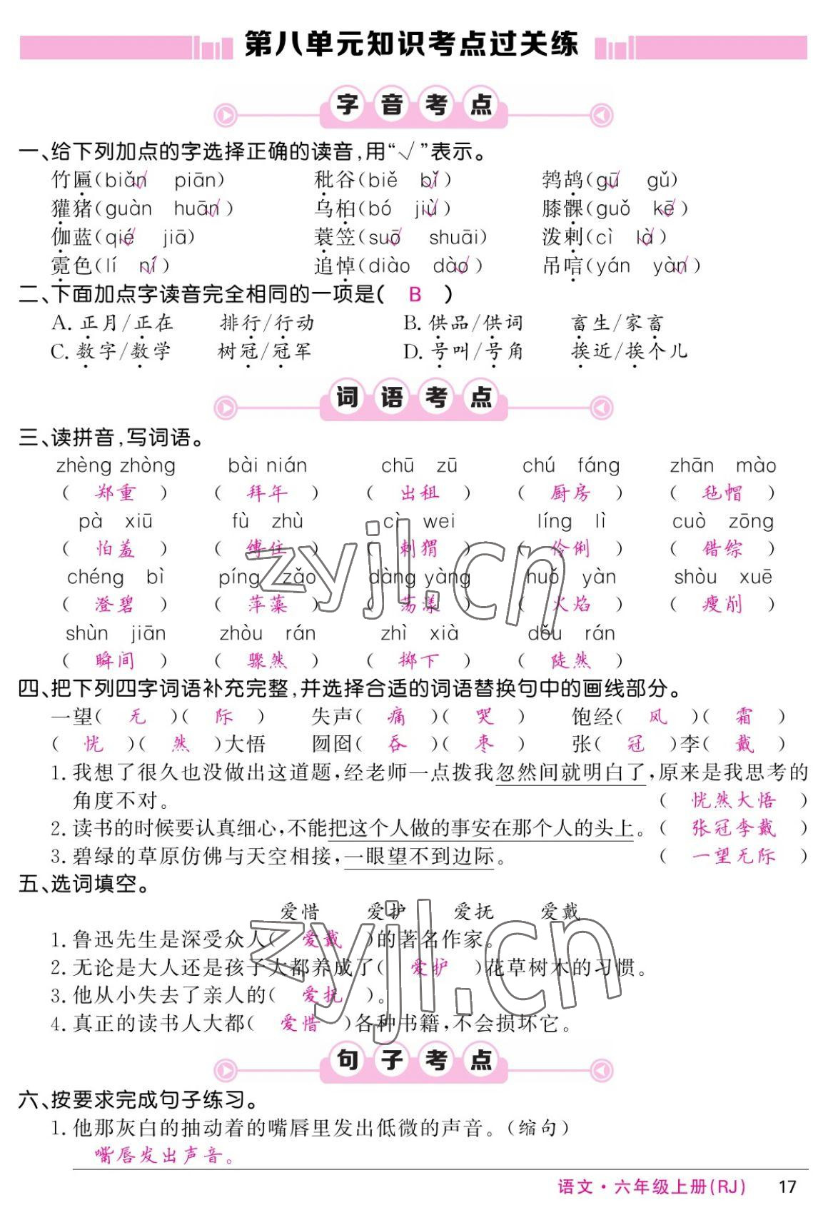 2022年课堂点睛六年级语文上册人教版湖南专版 参考答案第17页