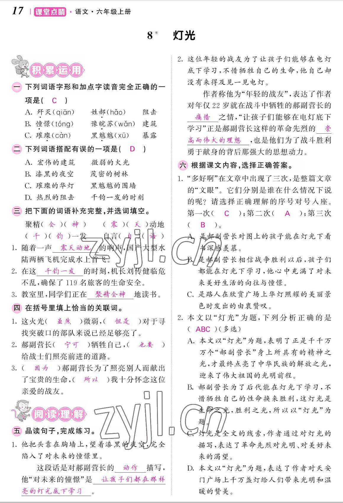 2022年課堂點睛六年級語文上冊人教版湖南專版 參考答案第17頁