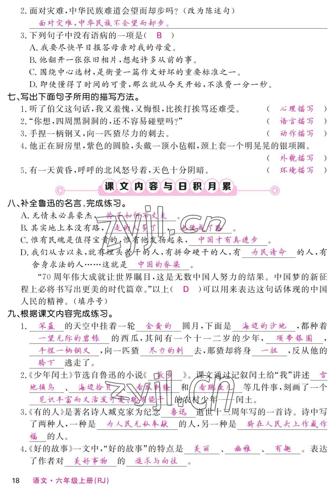 2022年课堂点睛六年级语文上册人教版湖南专版 参考答案第18页