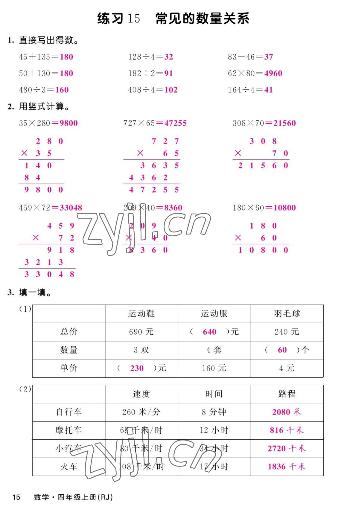 2022年課堂點(diǎn)睛四年級數(shù)學(xué)上冊人教版湖南專版 參考答案第29頁