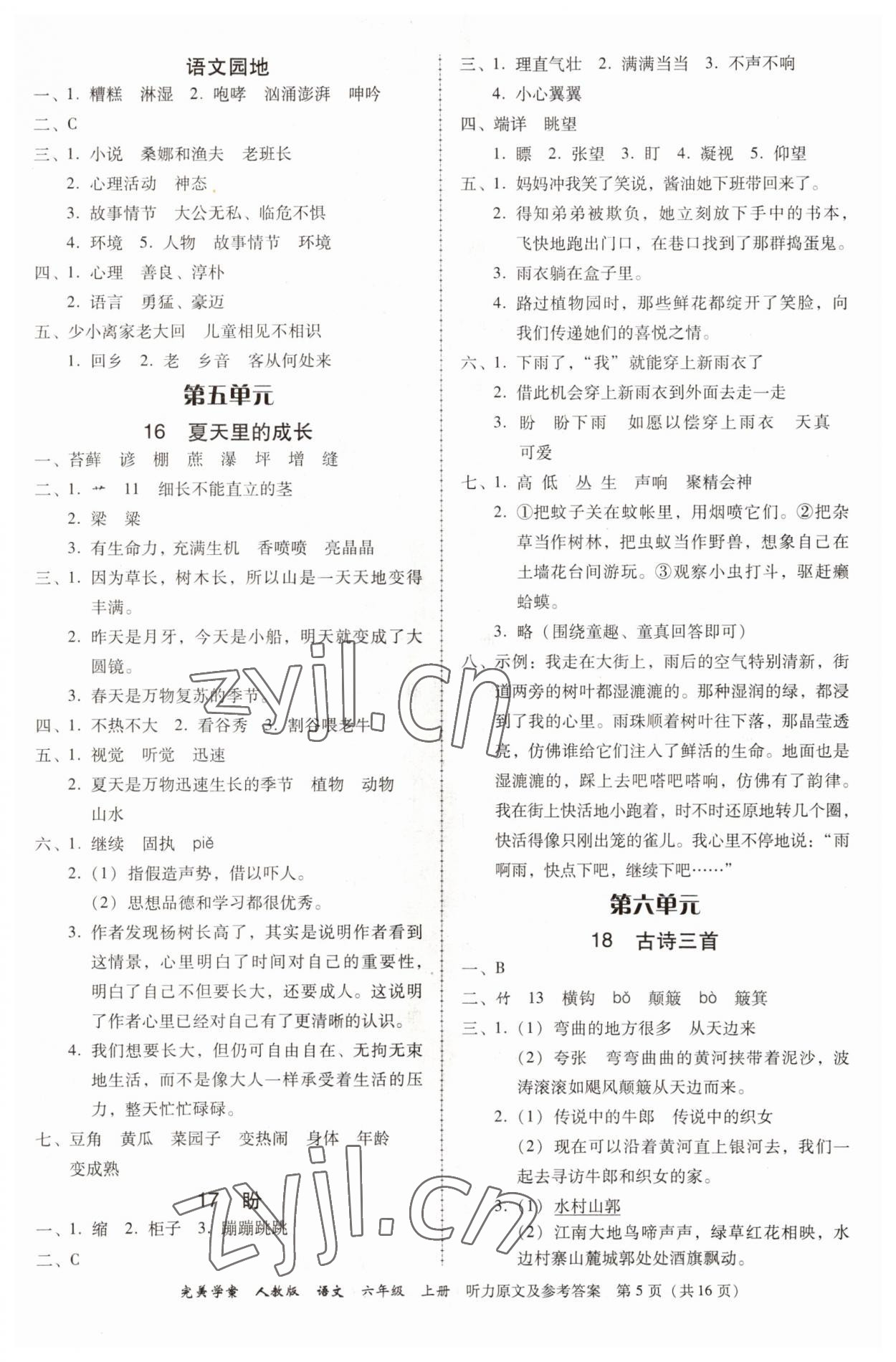 2022年完美學(xué)案六年級語文上冊人教版 參考答案第5頁