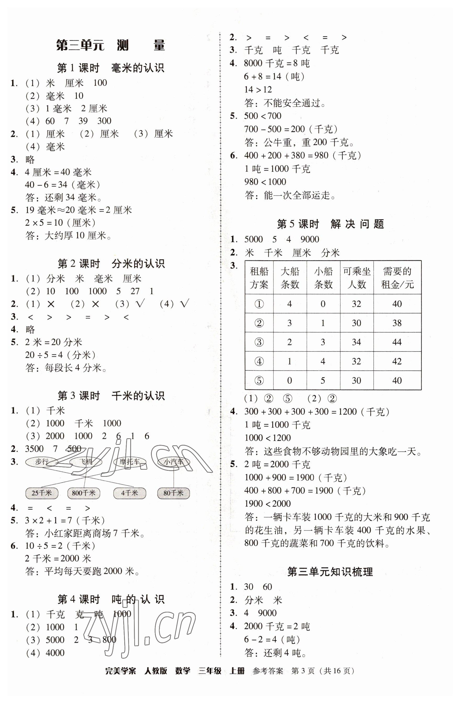 2022年完美学案三年级数学上册人教版 参考答案第3页