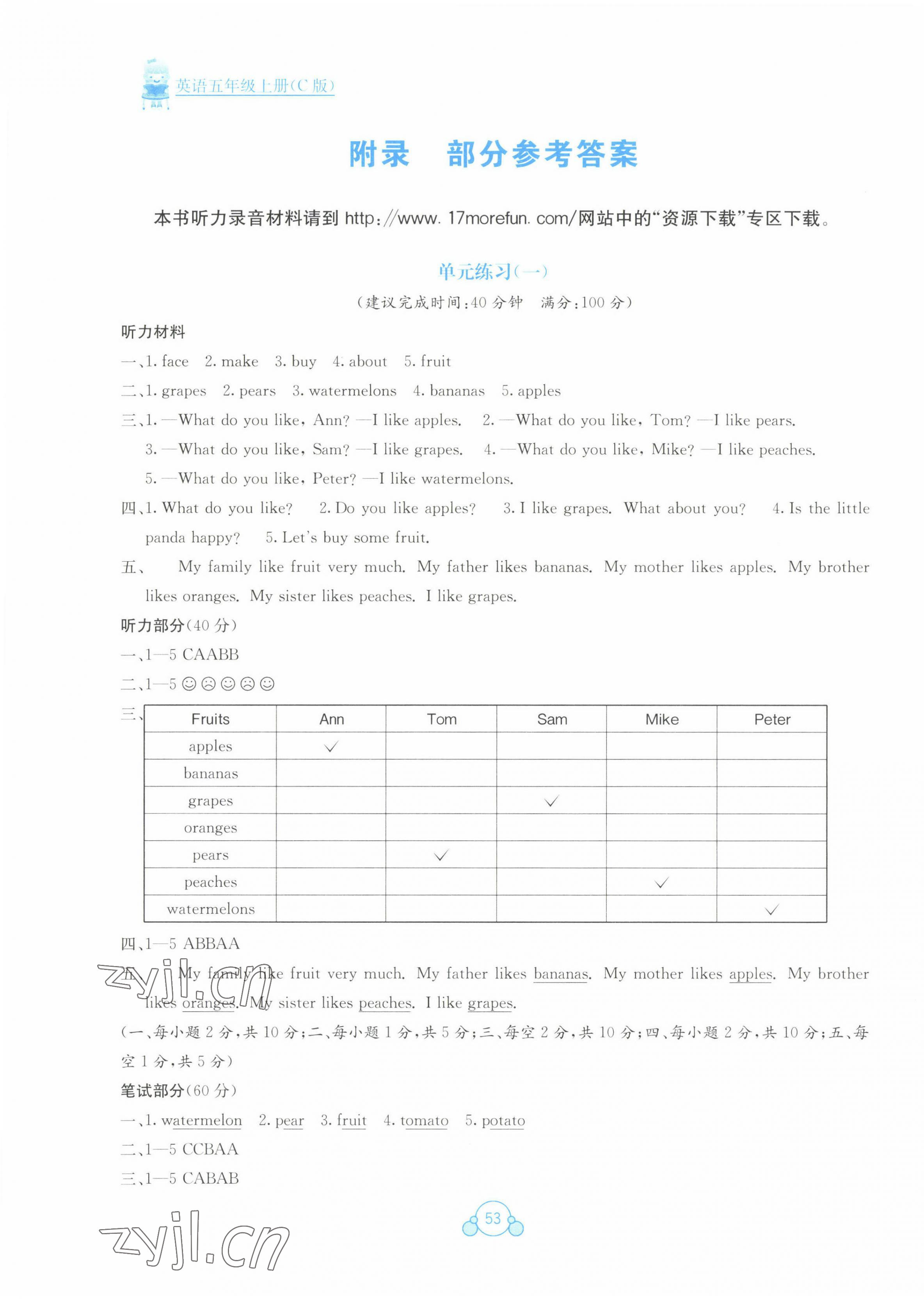 2022年自主学习能力测评单元测试五年级英语上册接力版 第1页