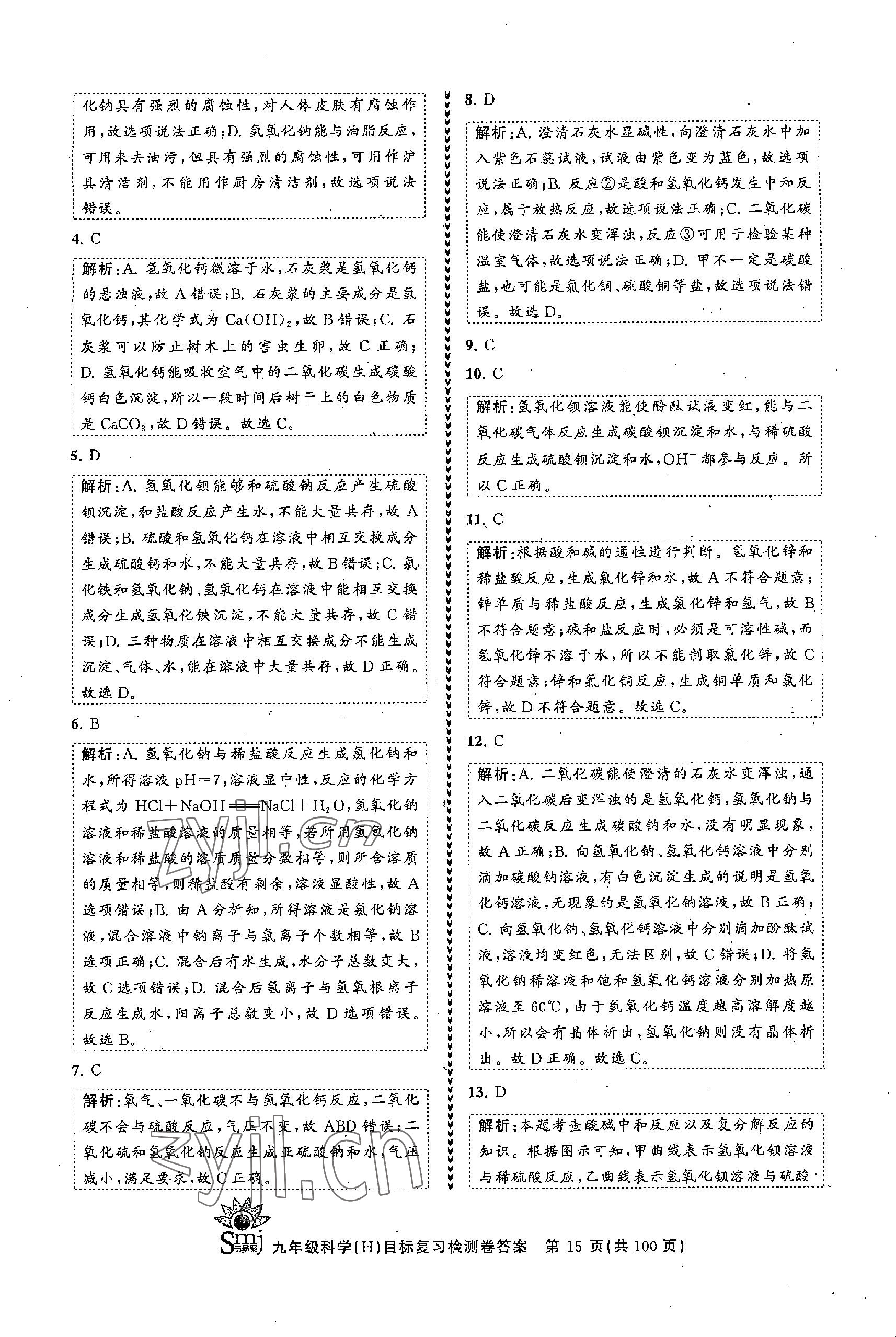 2022年目標(biāo)復(fù)習(xí)檢測卷九年級科學(xué)全一冊浙教版 參考答案第15頁