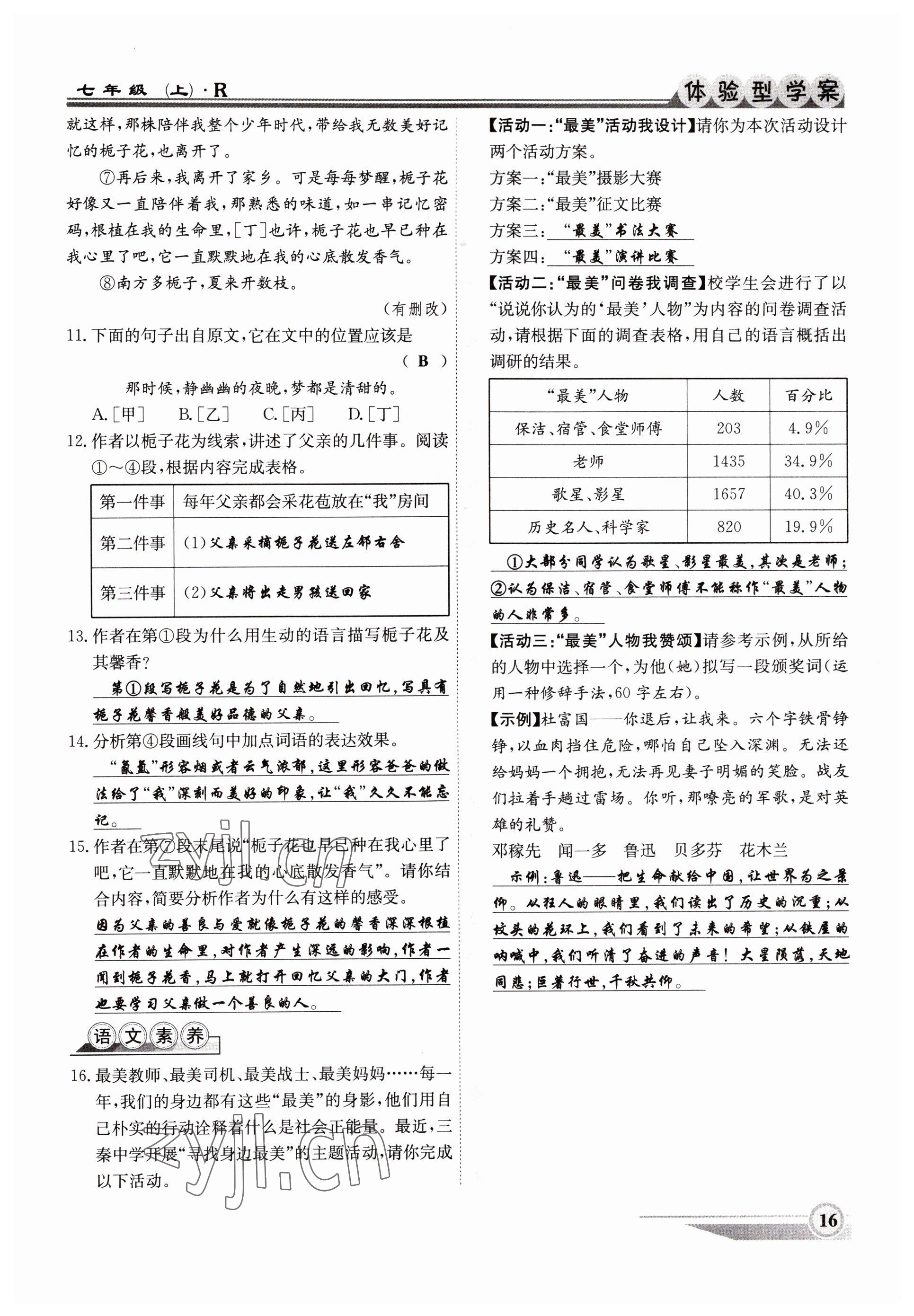 2022年體驗(yàn)型學(xué)案七年級語文上冊人教版 參考答案第16頁