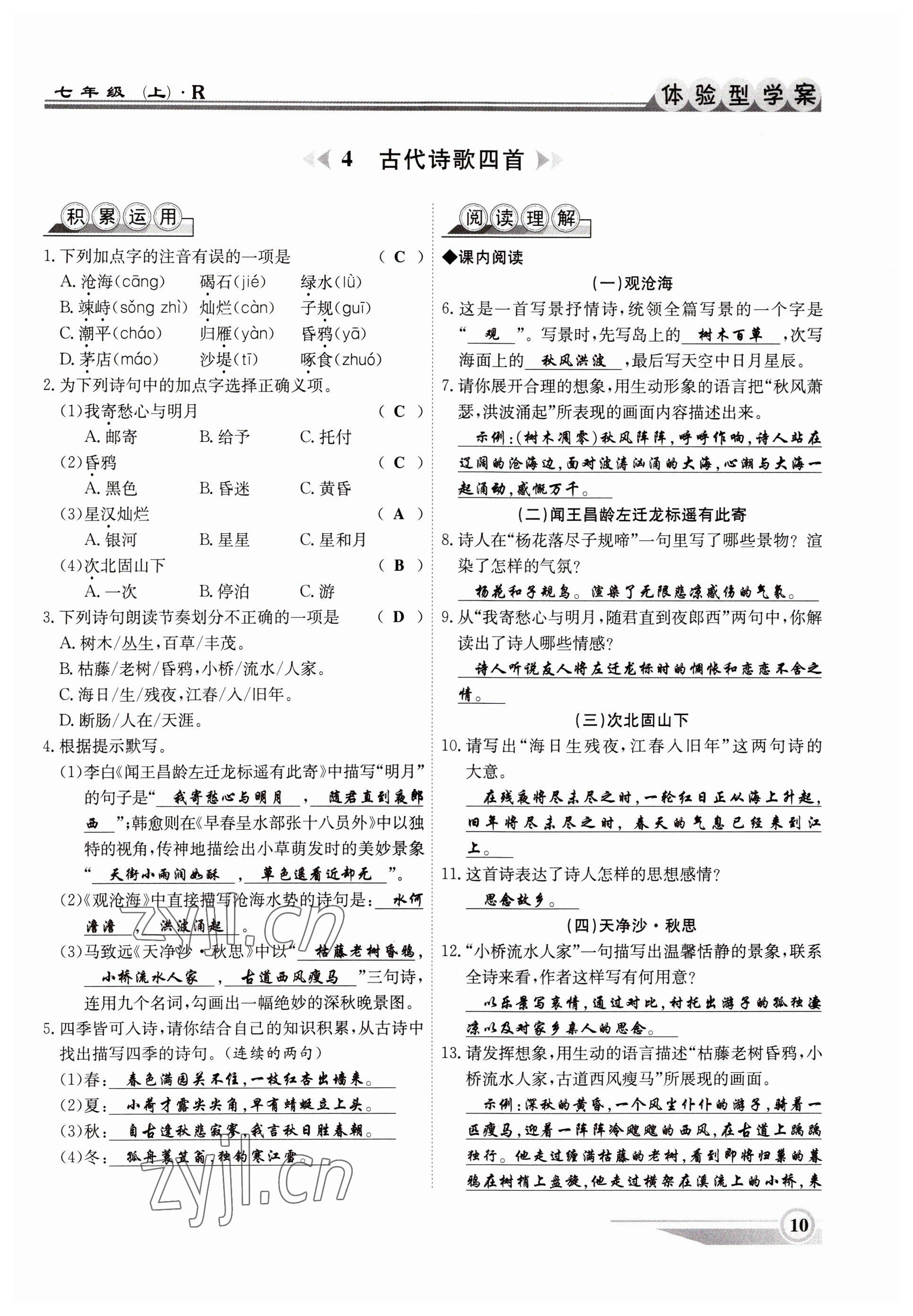 2022年体验型学案七年级语文上册人教版 参考答案第10页