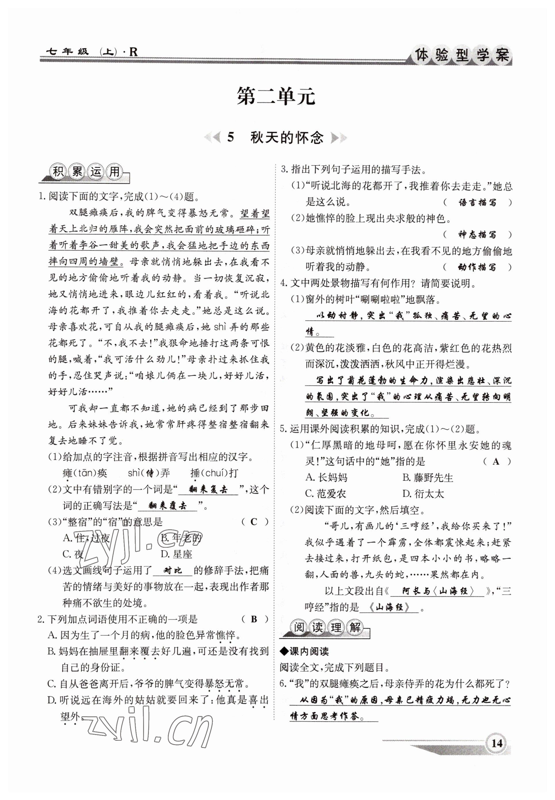 2022年體驗型學(xué)案七年級語文上冊人教版 參考答案第14頁