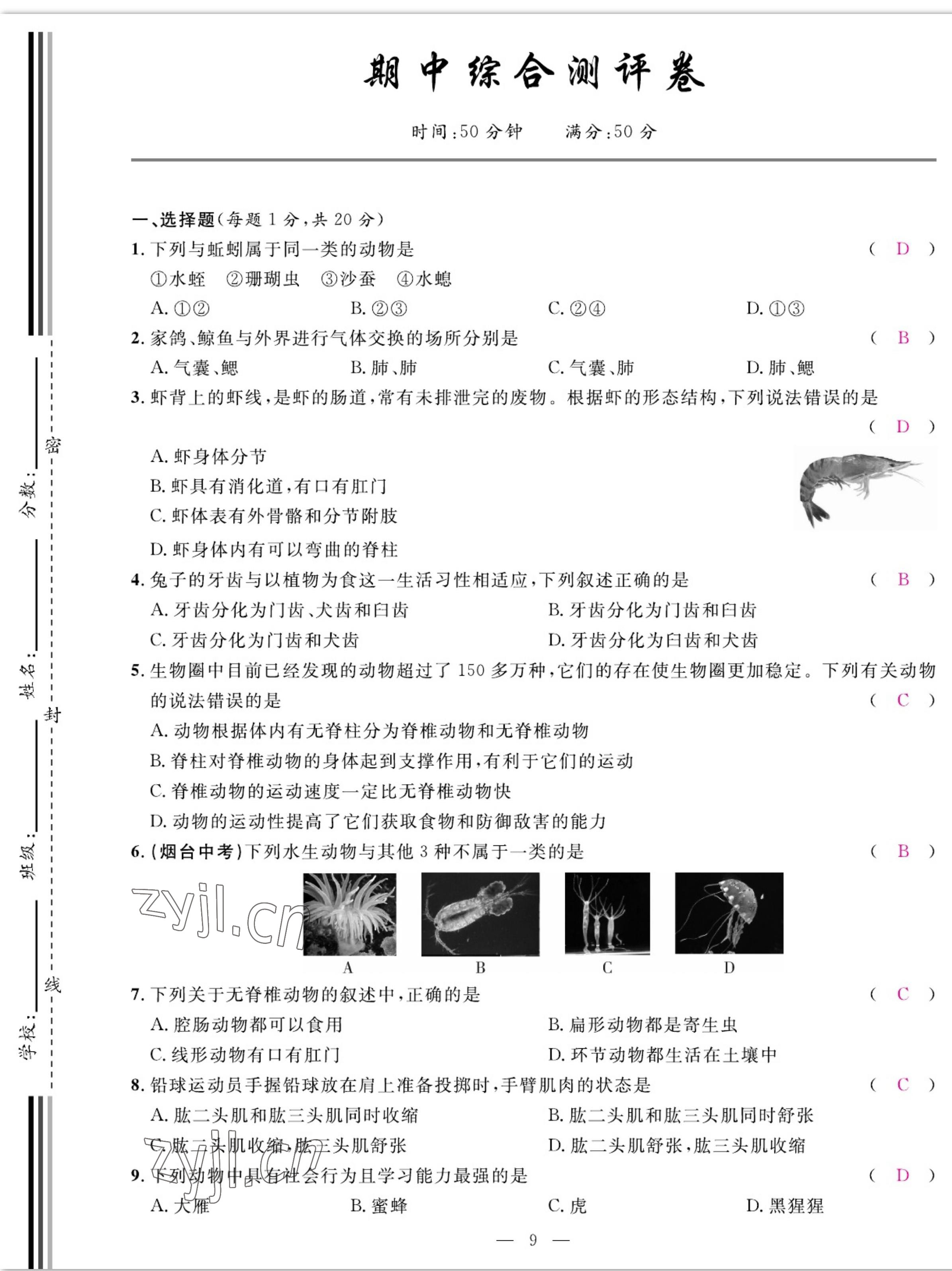 2022年我的作業(yè)八年級生物上冊人教版 參考答案第9頁