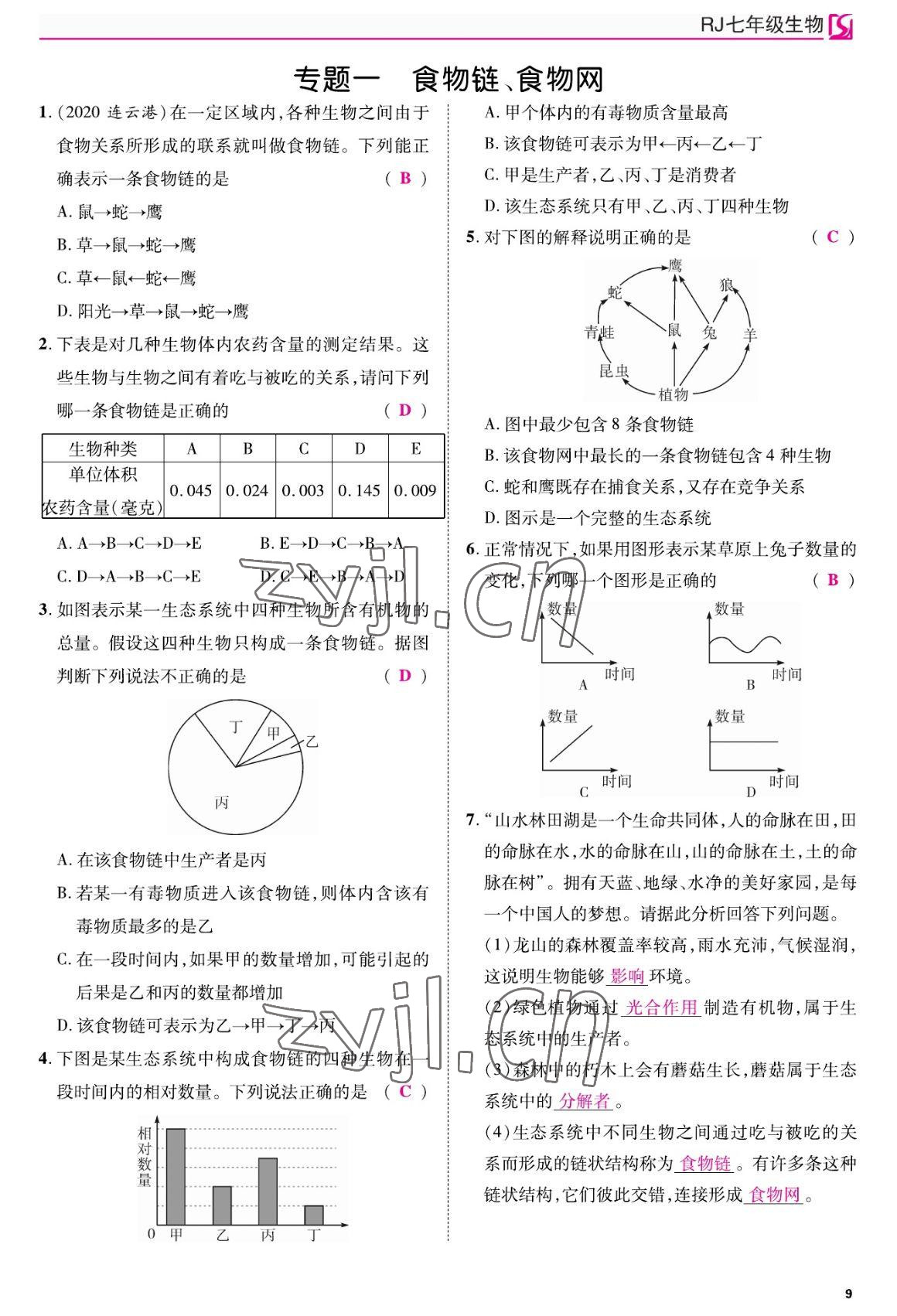 2022年我的作業(yè)七年級生物上冊人教版 參考答案第9頁