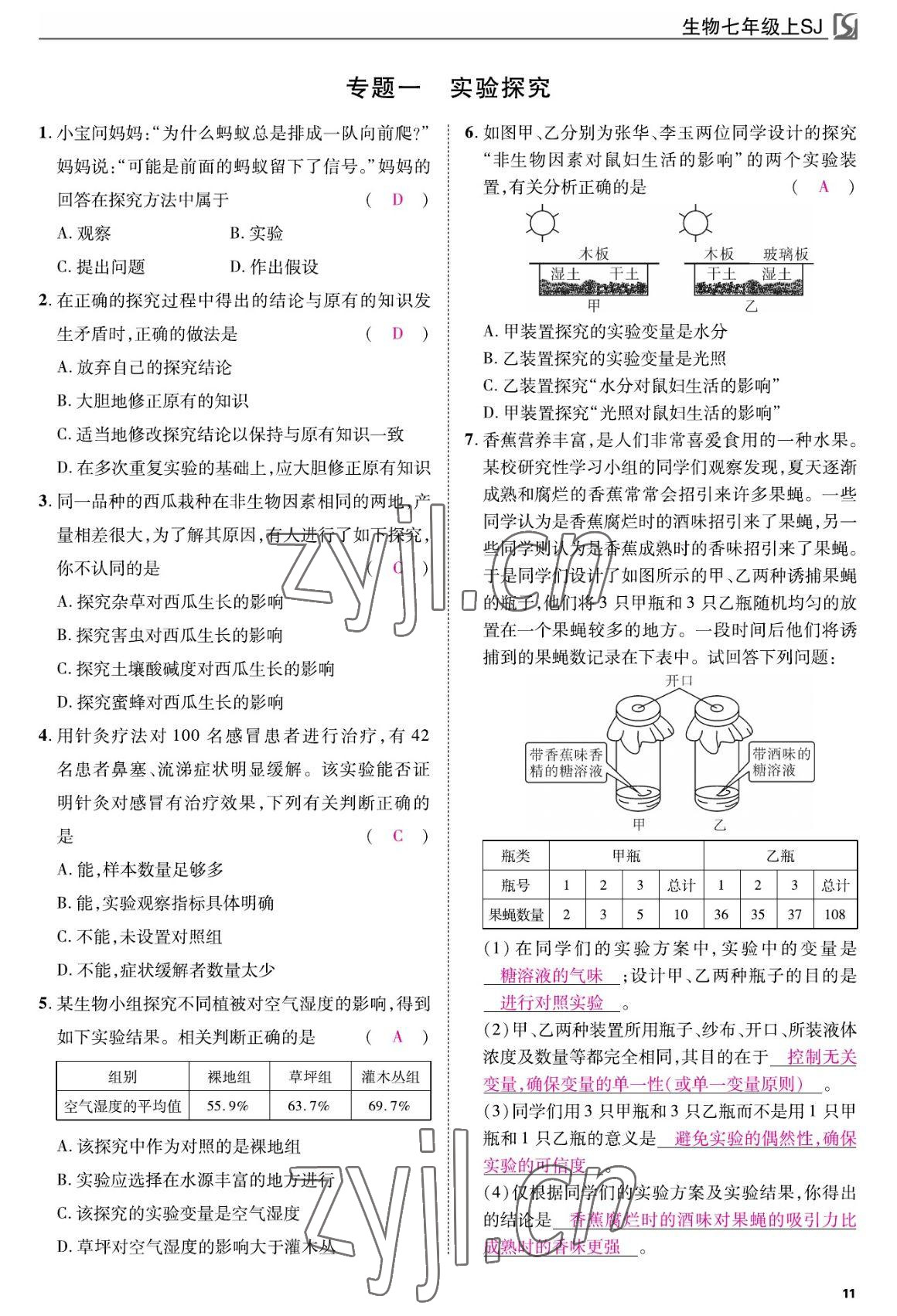 2022年我的作業(yè)七年級生物上冊蘇教版 參考答案第11頁