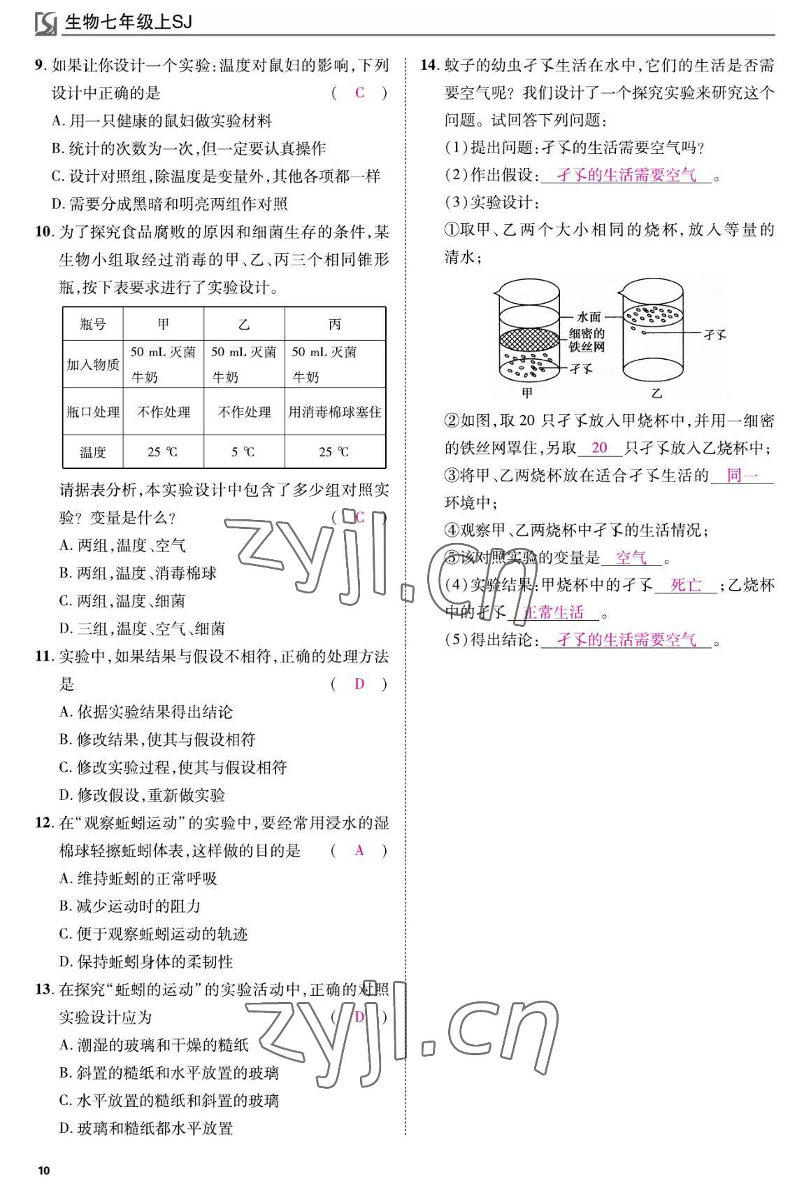 2022年我的作業(yè)七年級生物上冊蘇教版 參考答案第10頁