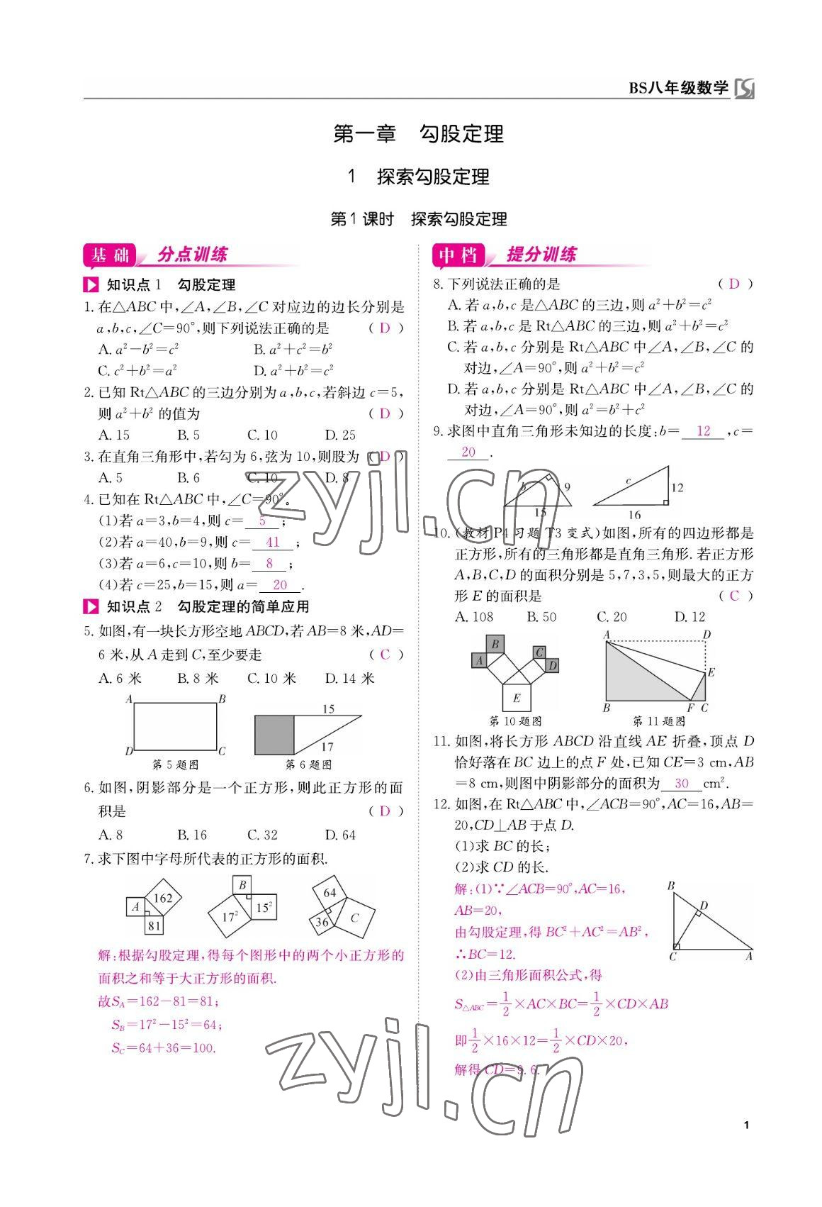 2022年我的作業(yè)八年級數(shù)學(xué)上冊北師大版 參考答案第1頁