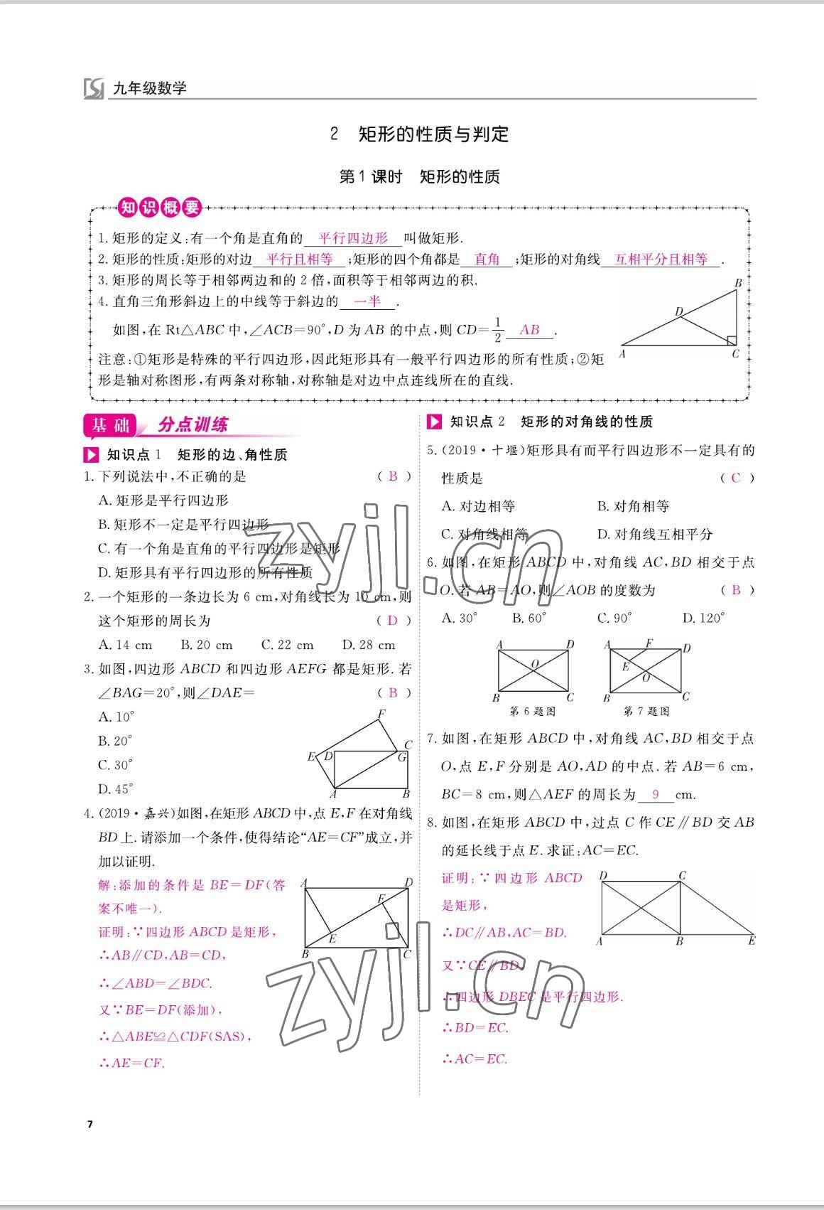 2022年我的作业九年级数学上册北师大版 参考答案第7页