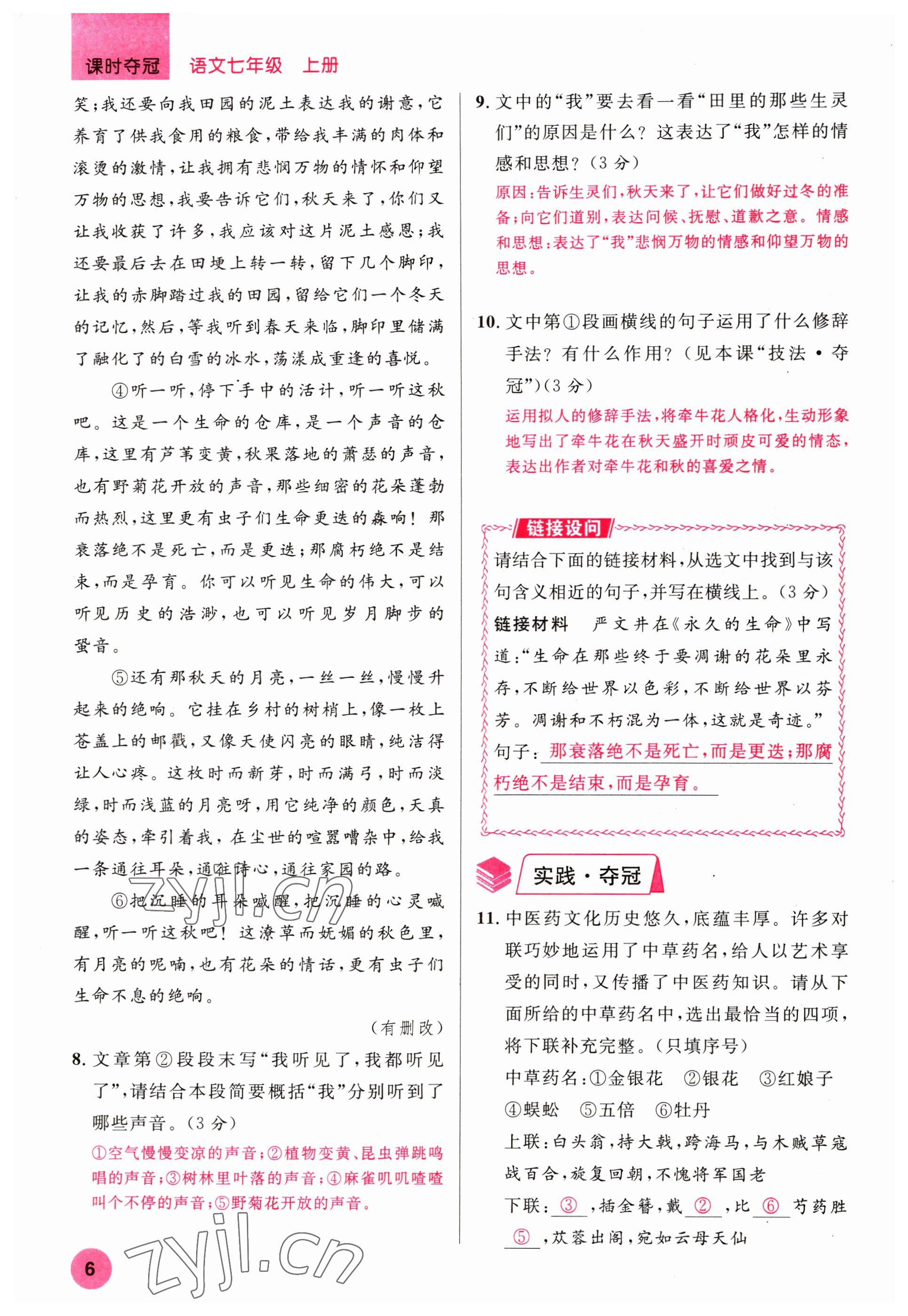 2022年课时夺冠七年级语文上册人教版黄冈孝感咸宁专版 参考答案第6页