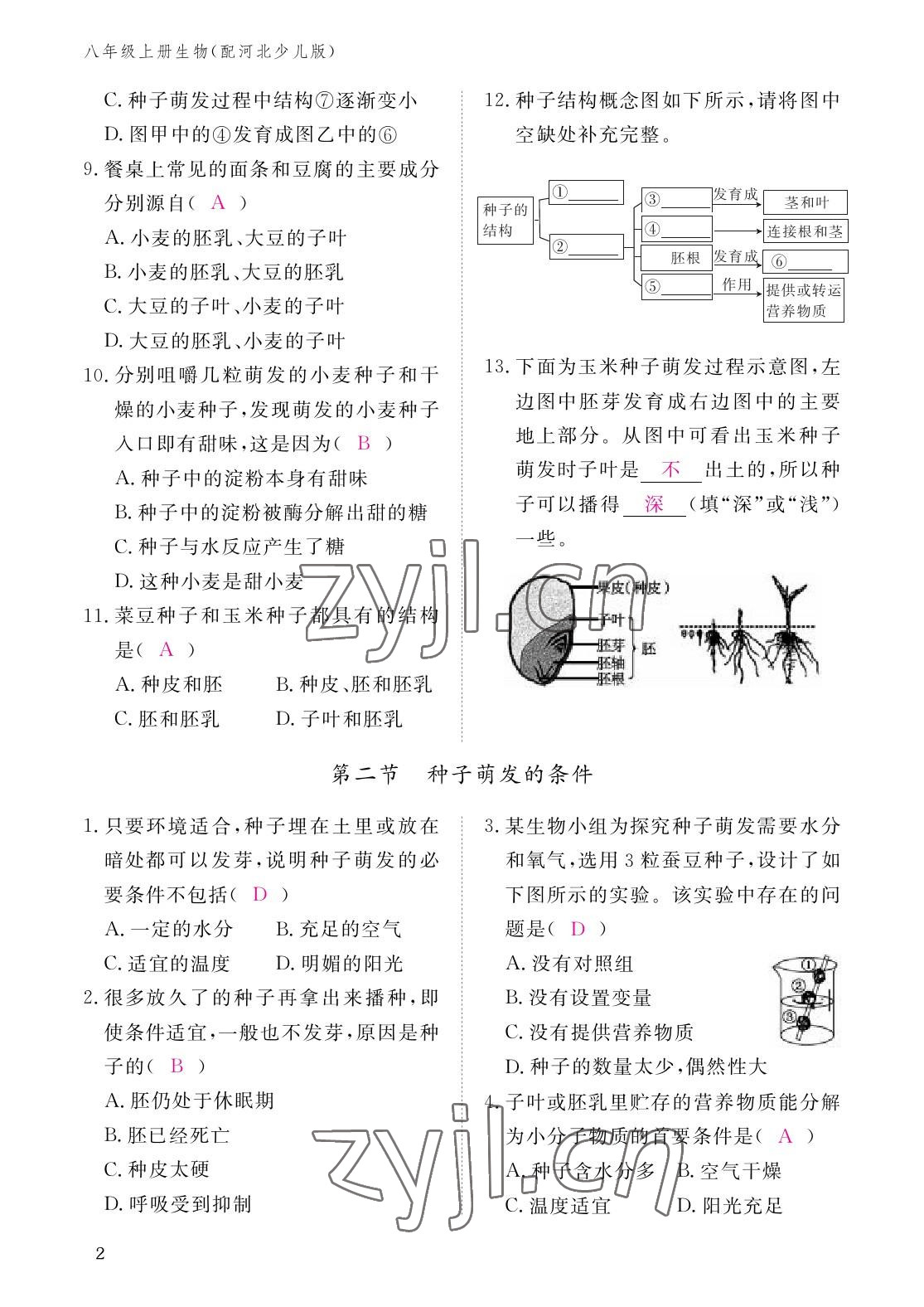 2022年作業(yè)本江西教育出版社八年級生物上冊冀少版 參考答案第2頁