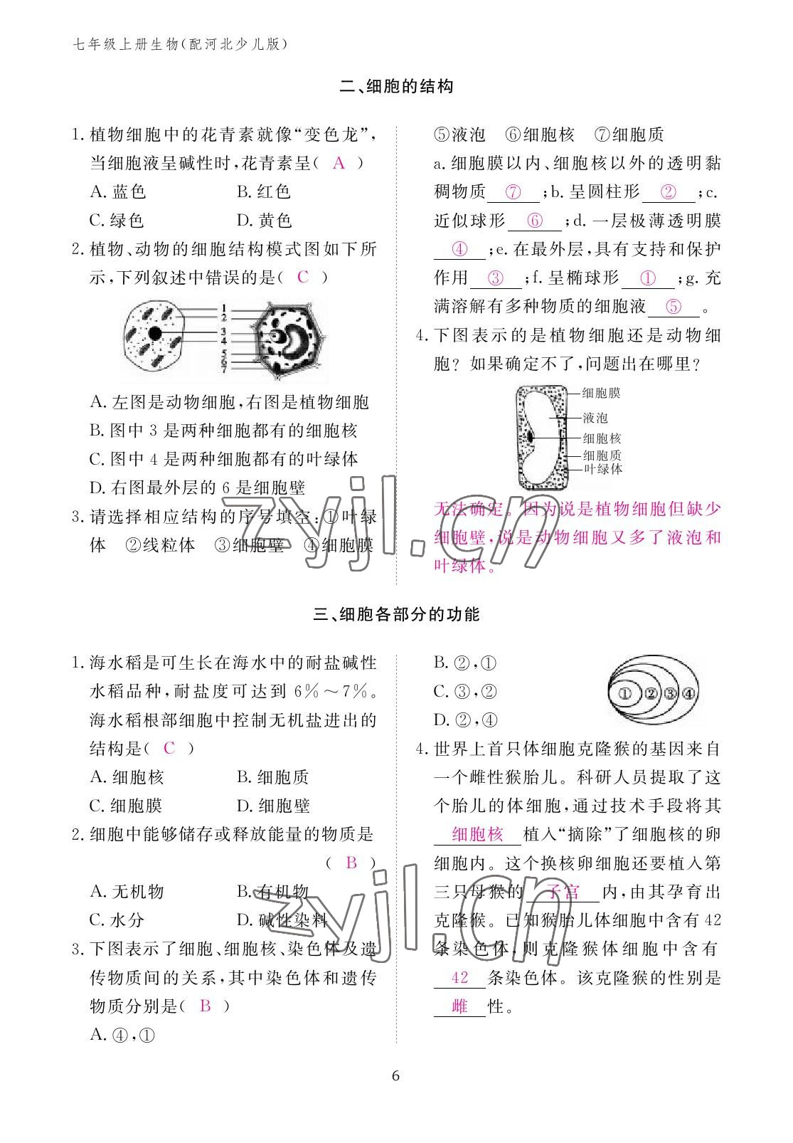 2022年作業(yè)本江西教育出版社七年級(jí)生物上冊(cè)冀少版 參考答案第6頁(yè)