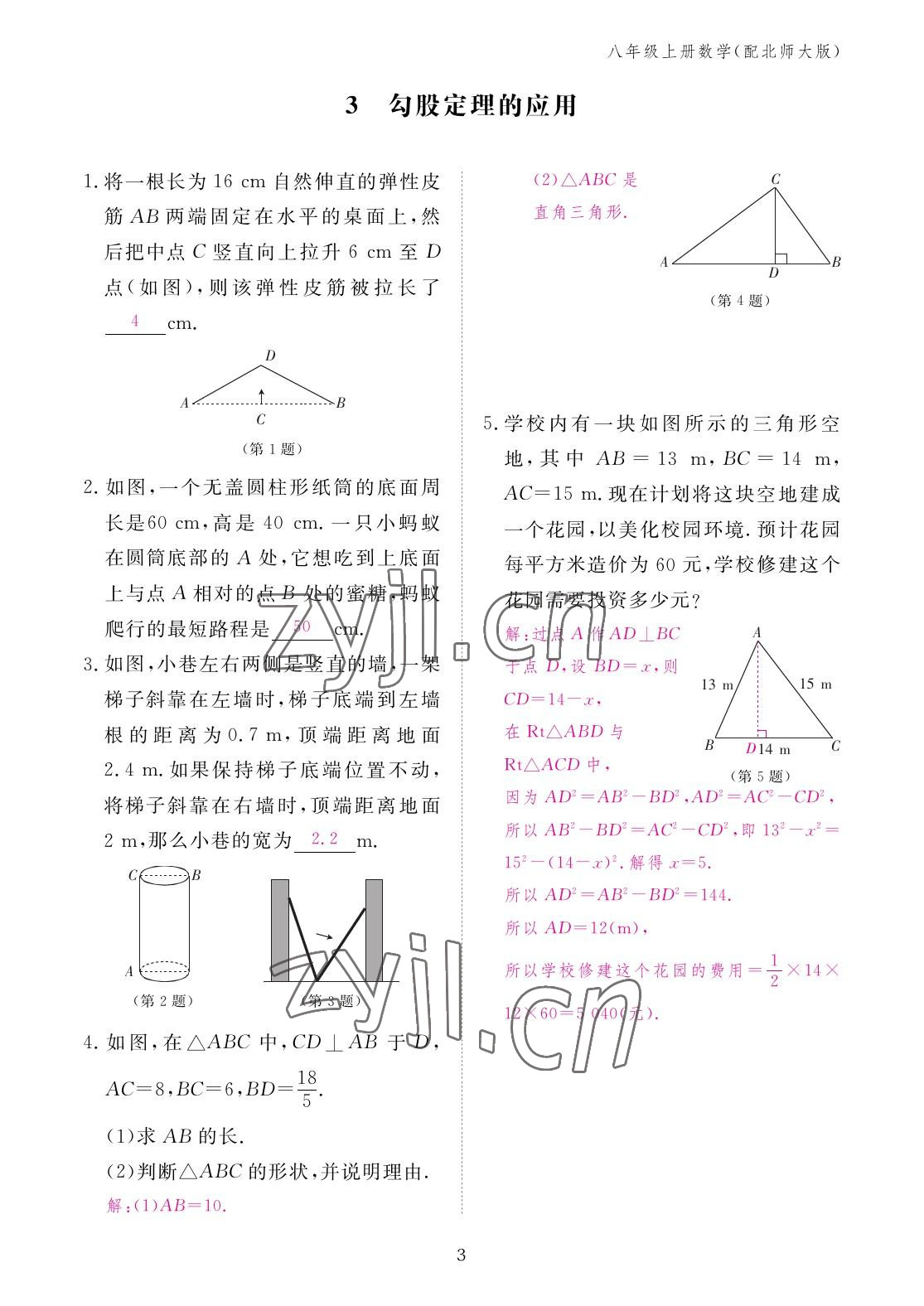 2022年作业本江西教育出版社八年级数学上册北师大版 参考答案第3页