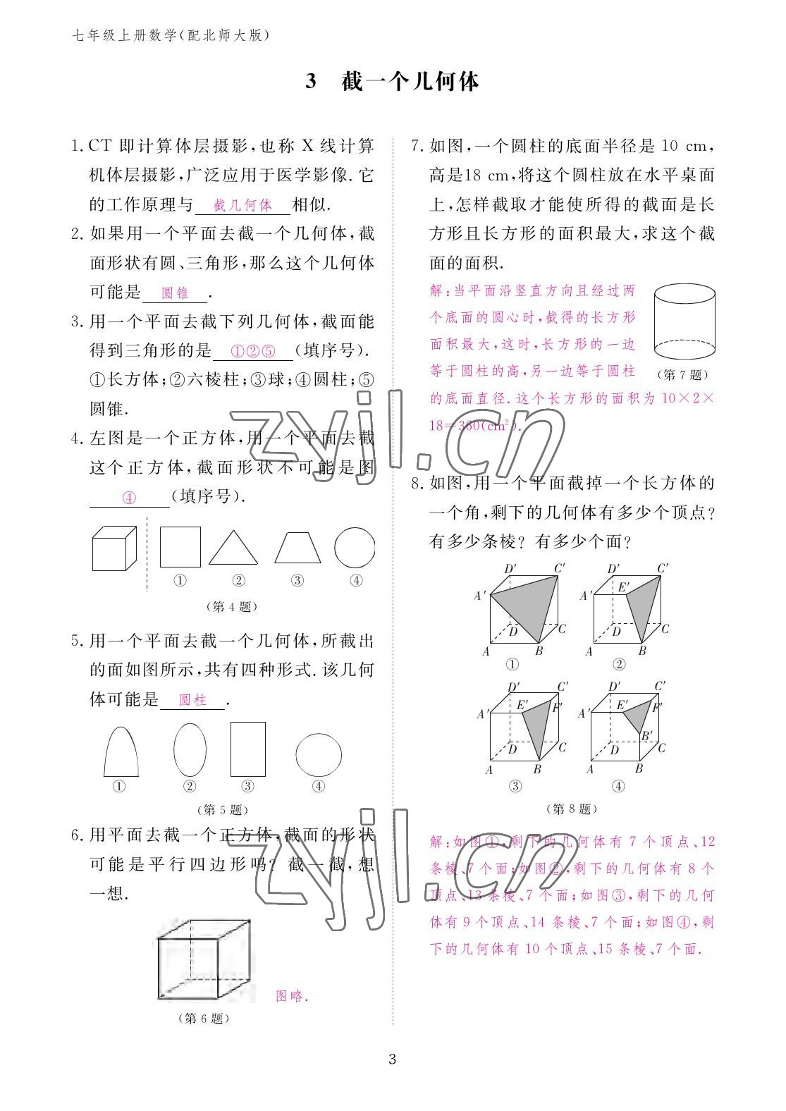 2022年作业本江西教育出版社七年级数学上册北师大版 参考答案第3页