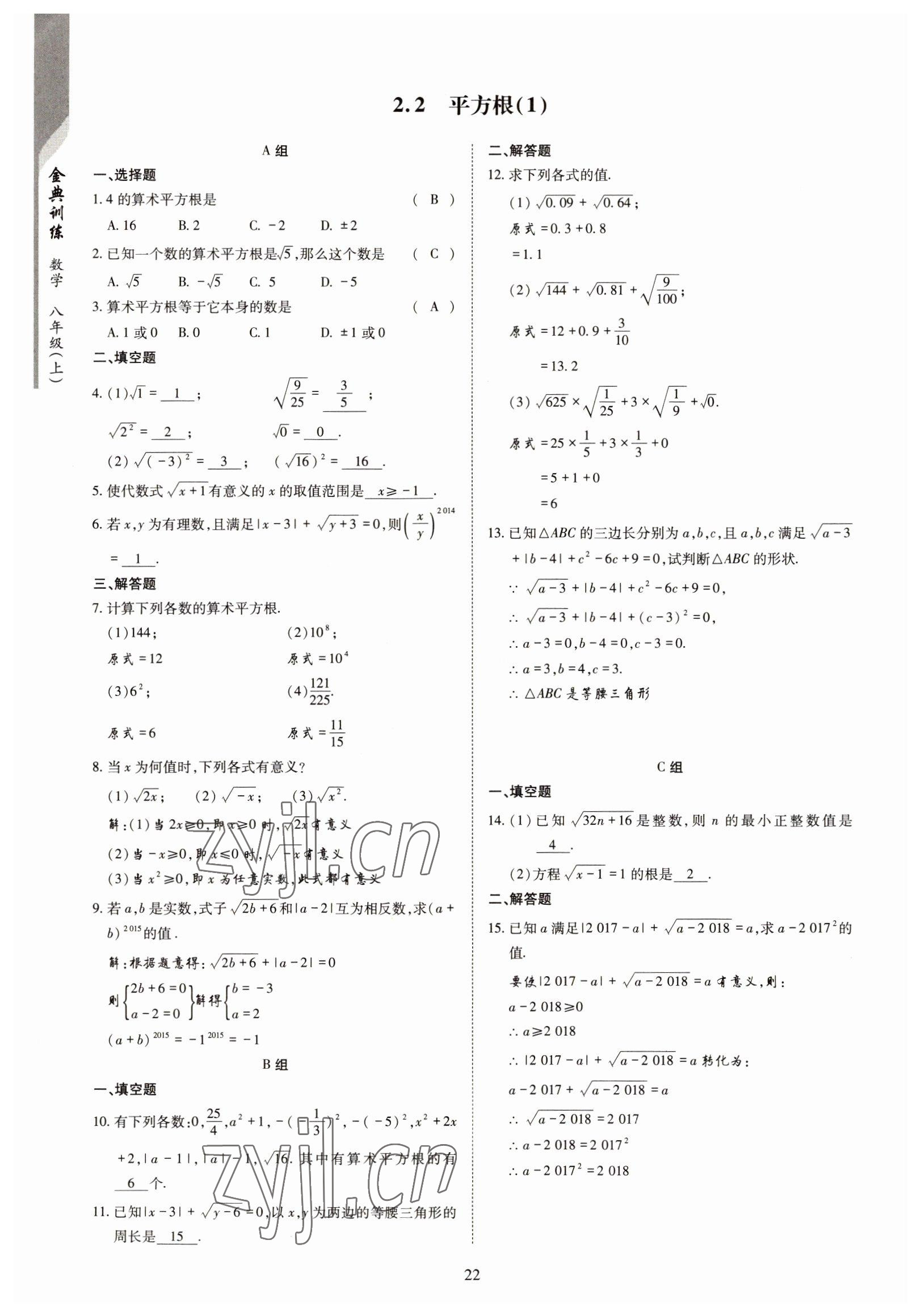 2022年金典訓(xùn)練八年級(jí)數(shù)學(xué)上冊(cè)北師大版 參考答案第17頁