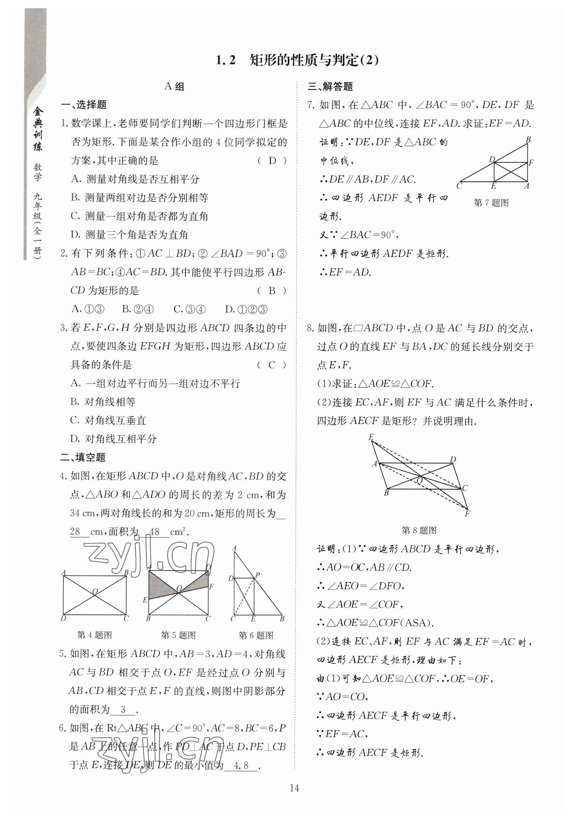 2022年金典训练九年级数学全一册北师大版 参考答案第9页