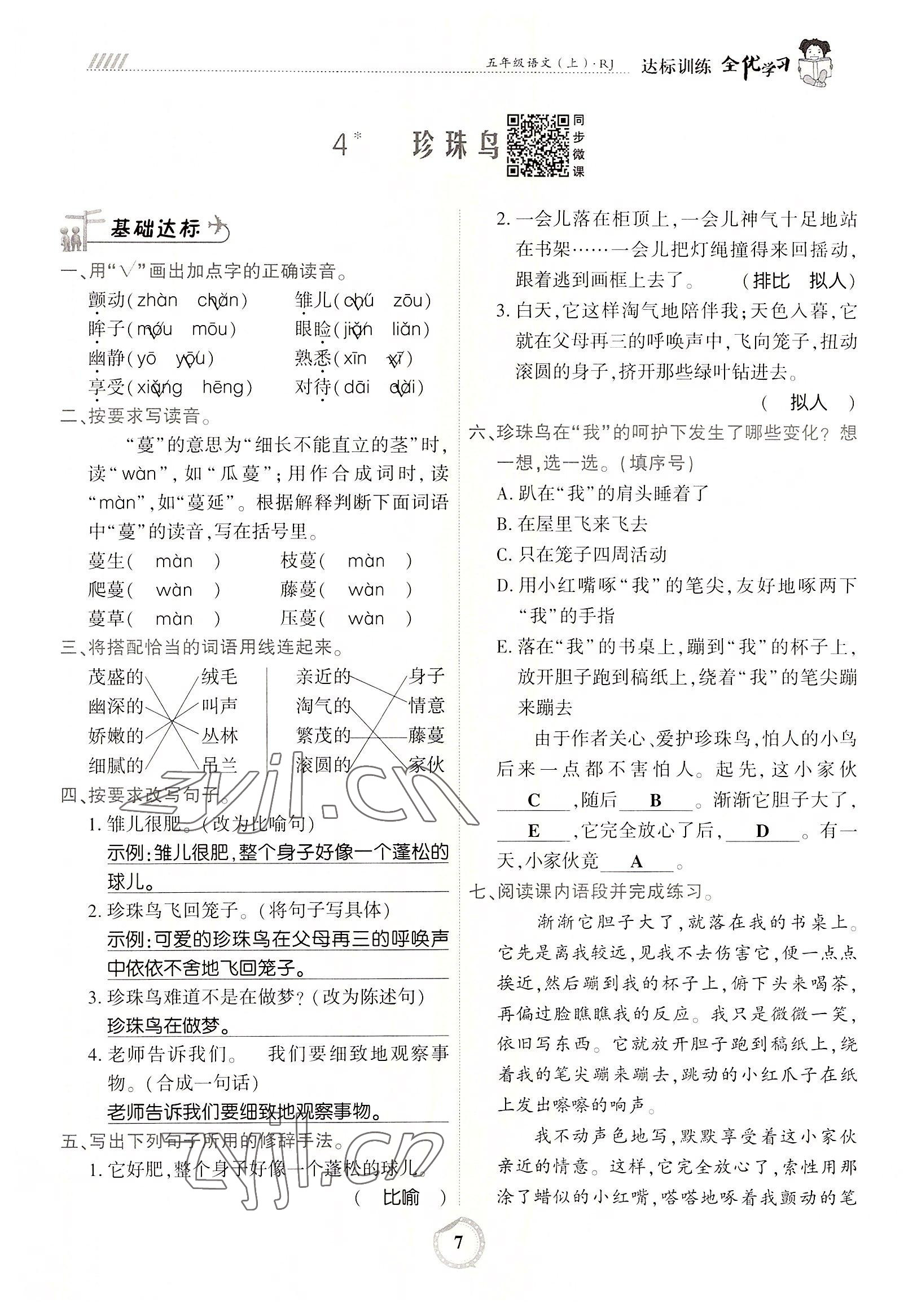 2022年全優(yōu)學(xué)習(xí)達(dá)標(biāo)訓(xùn)練五年級(jí)語文上冊(cè)人教版 參考答案第13頁