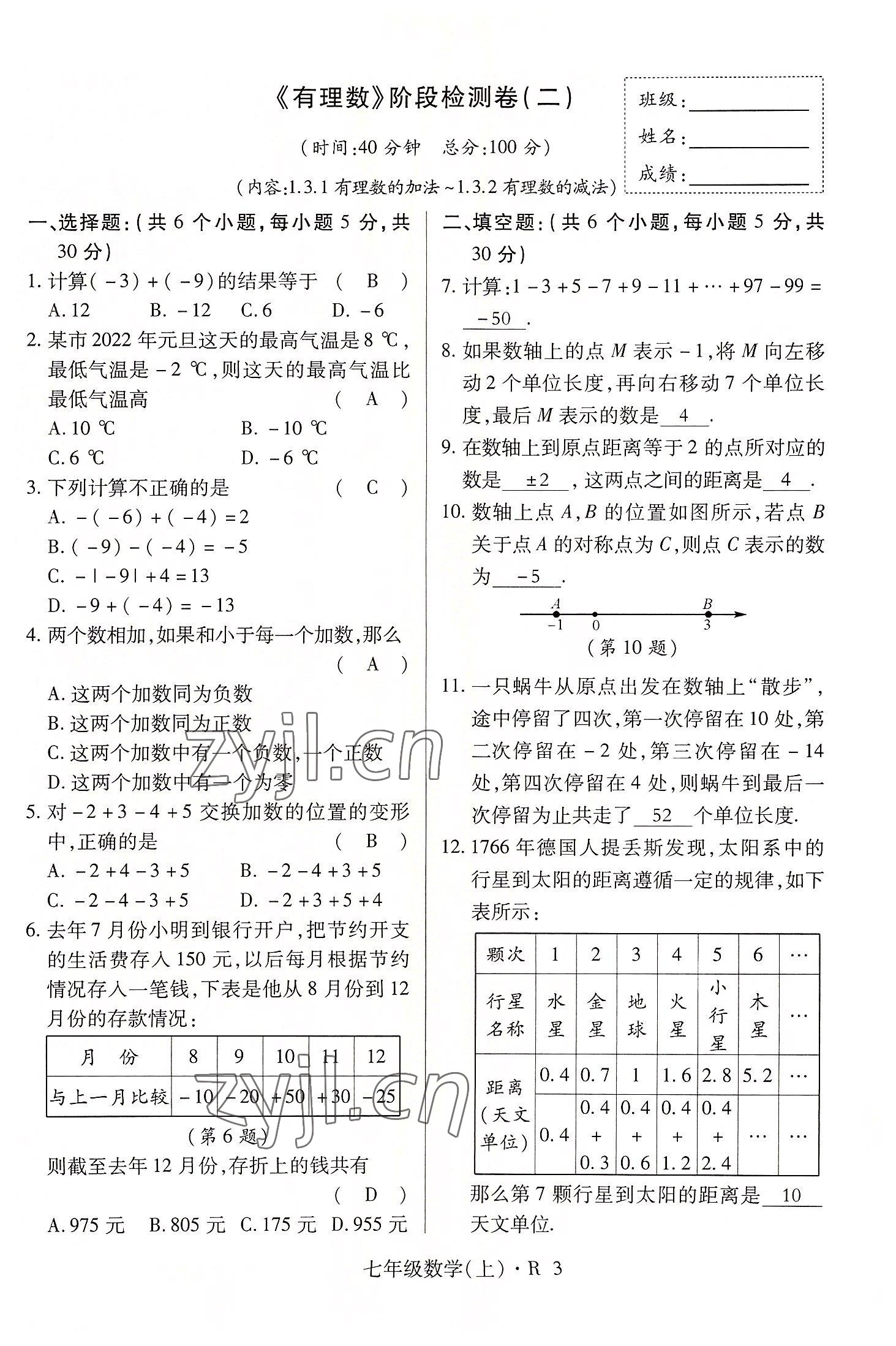 2022年高分突破課時(shí)達(dá)標(biāo)講練測(cè)七年級(jí)數(shù)學(xué)上冊(cè)人教版 參考答案第3頁