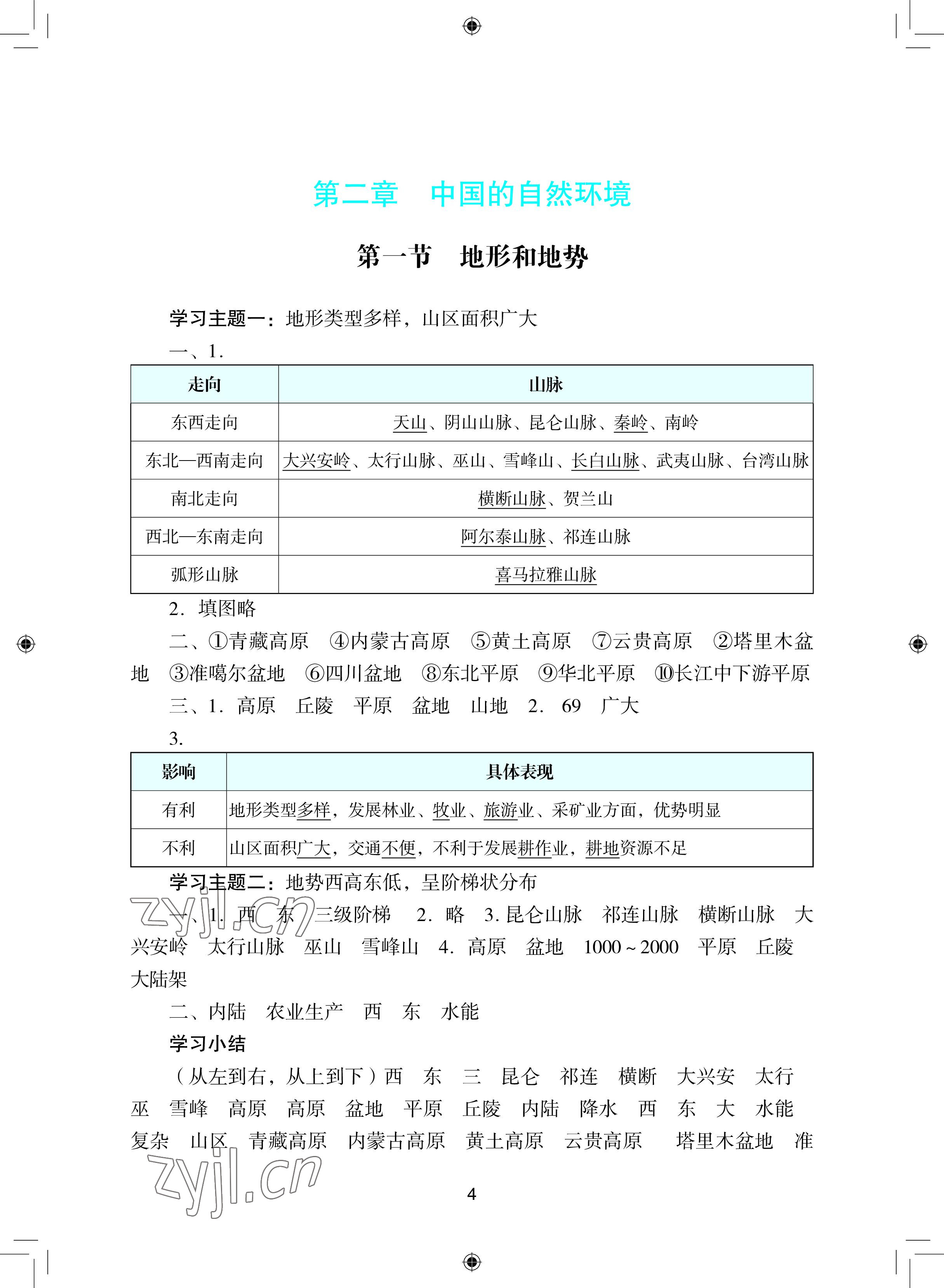 2022年陽光學(xué)業(yè)評價(jià)八年級地理上冊人教版 參考答案第4頁