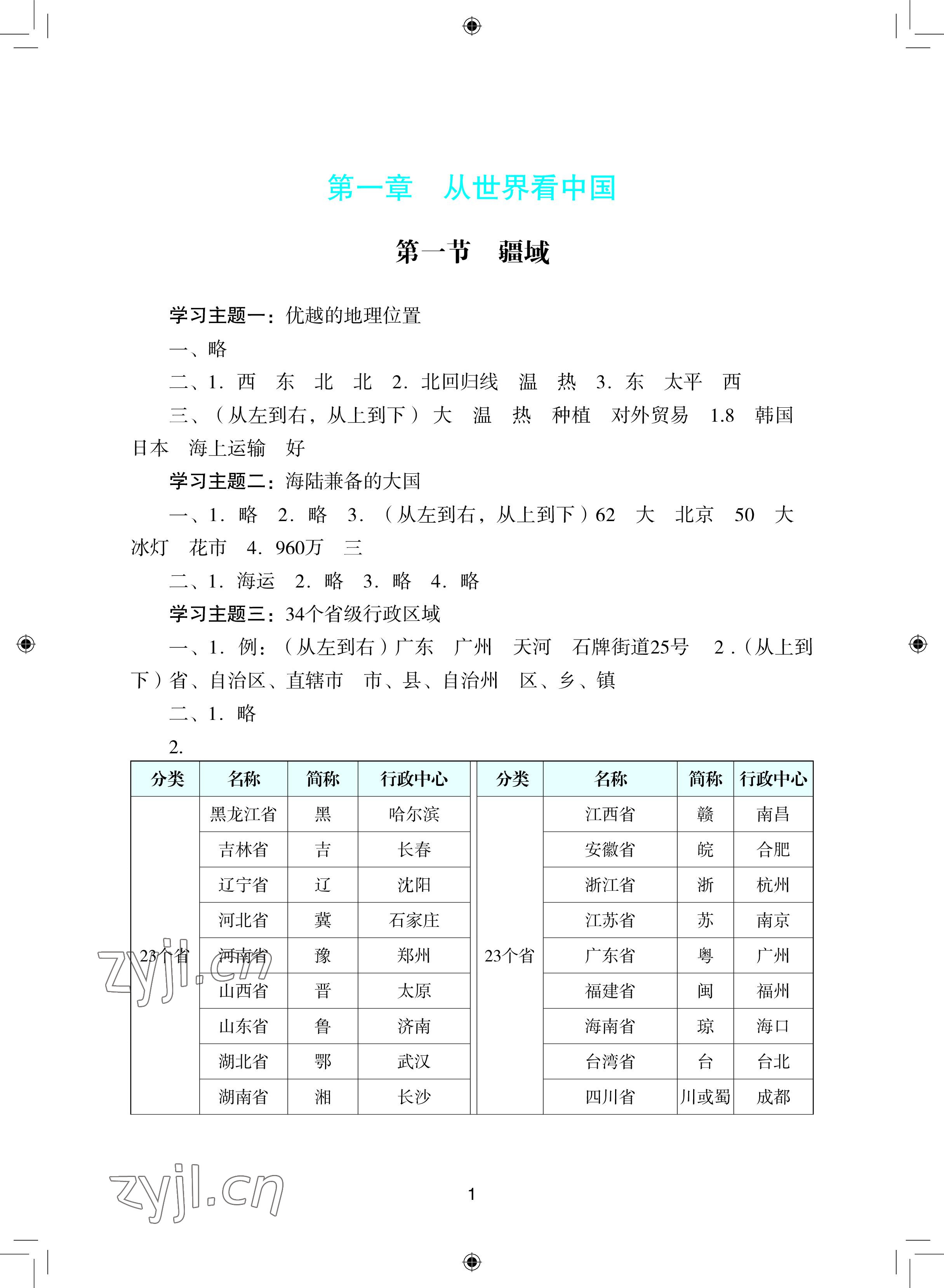 2022年陽光學(xué)業(yè)評(píng)價(jià)八年級(jí)地理上冊(cè)人教版 參考答案第1頁