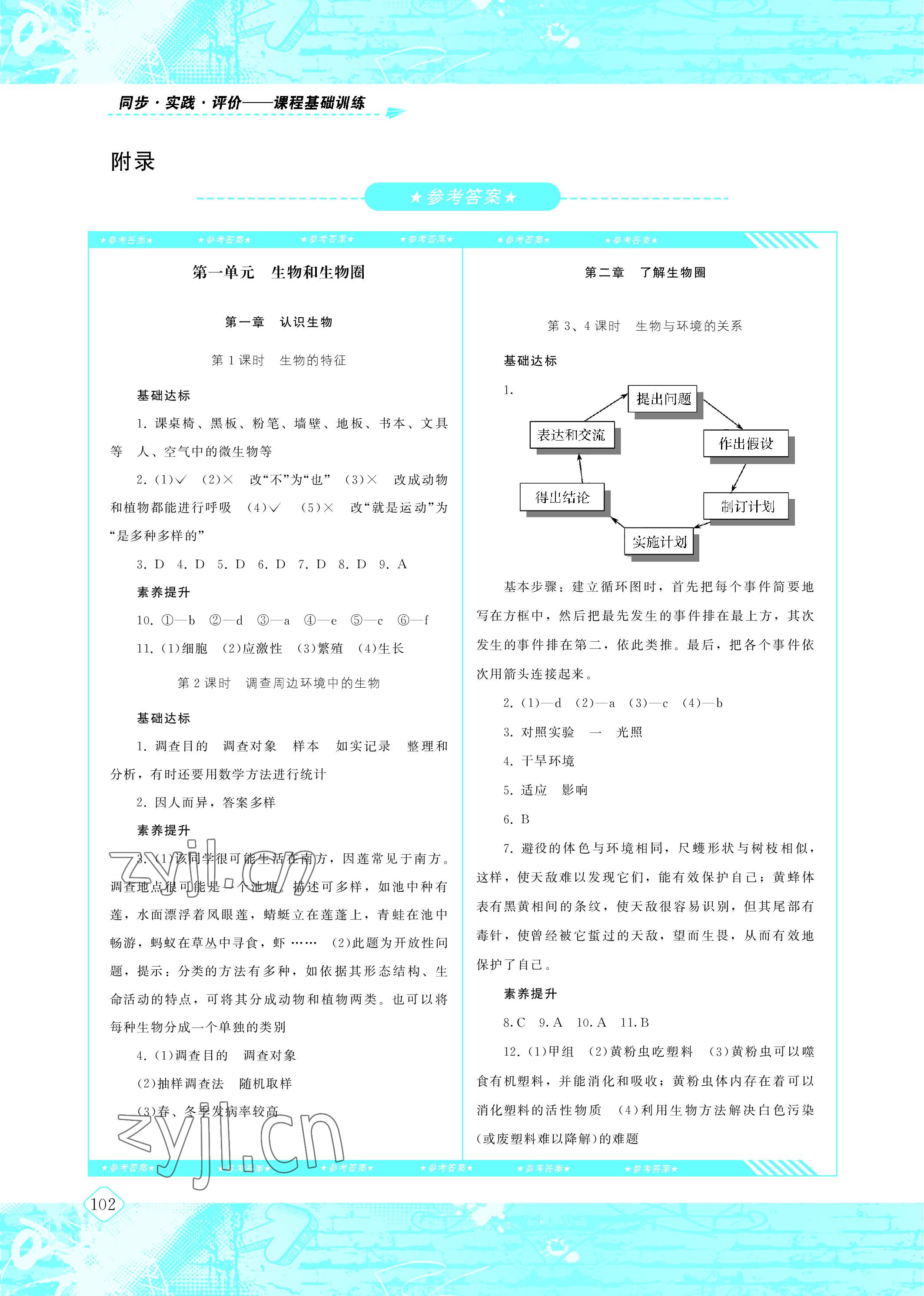 2022年同步实践评价课程基础训练七年级生物上册人教版 参考答案第1页