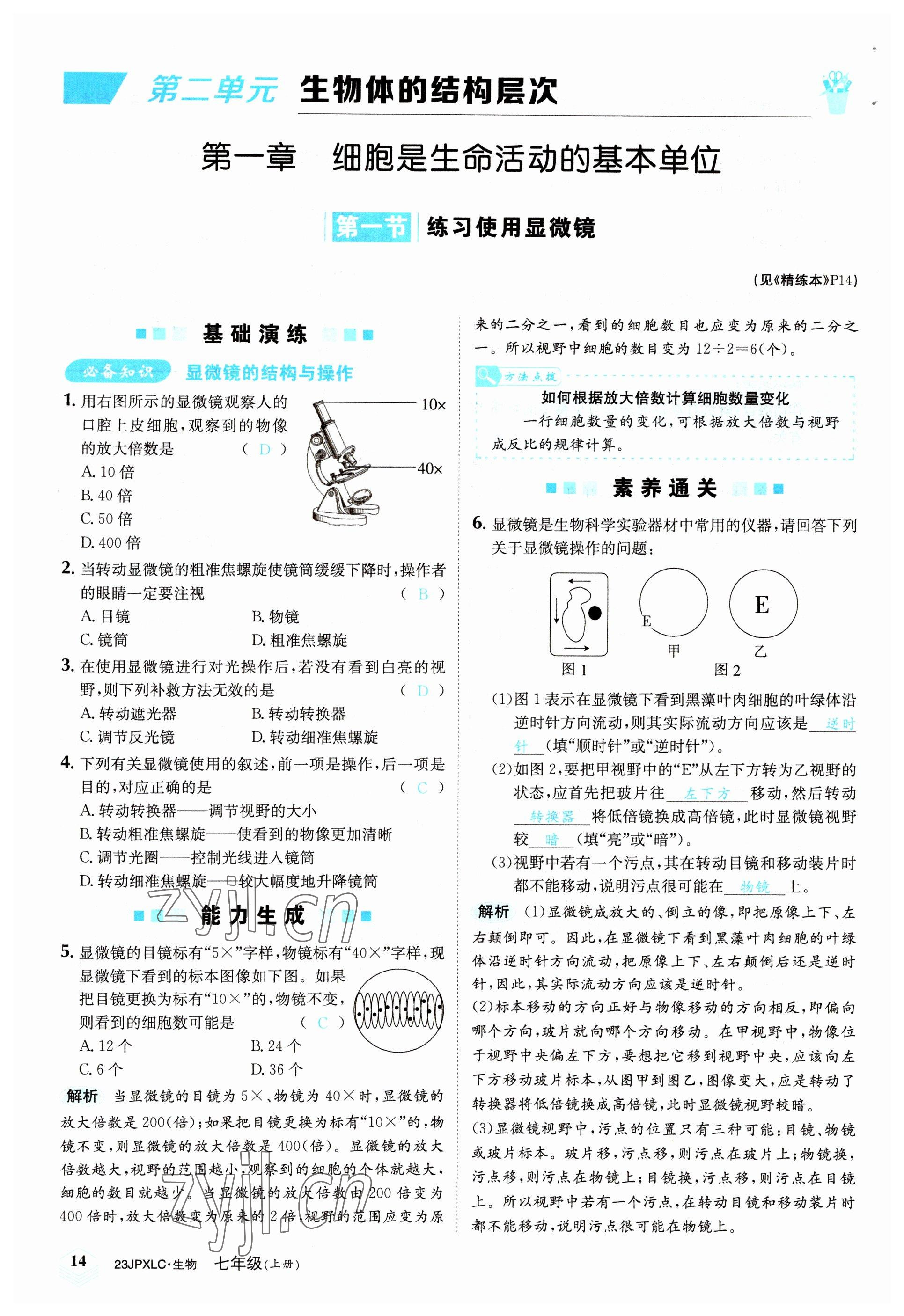 2022年金牌學練測七年級生物上冊人教版 參考答案第14頁
